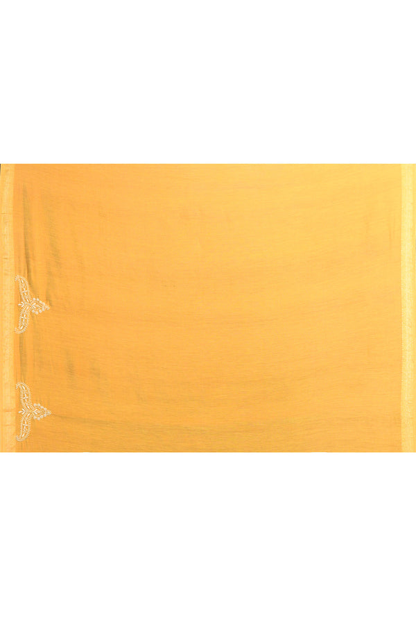 Pure handloom Maheshwari Cotton tissue blend Saree with Lucknowi Chikankari Embroidery – Mustard Yellow