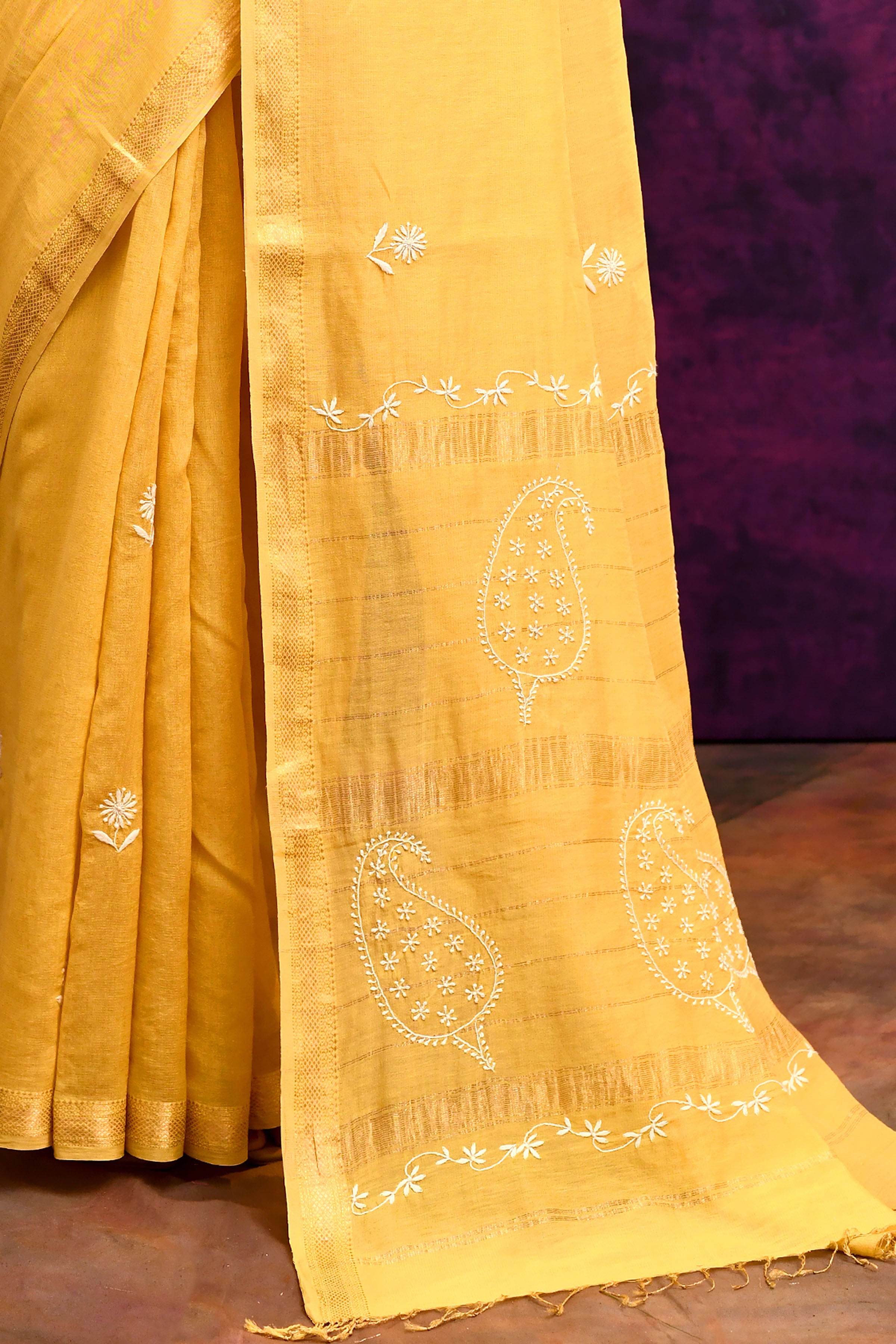 Pure Cotton Saree with Lucknowi Chikankari Embroidery – Mustard Yellow
