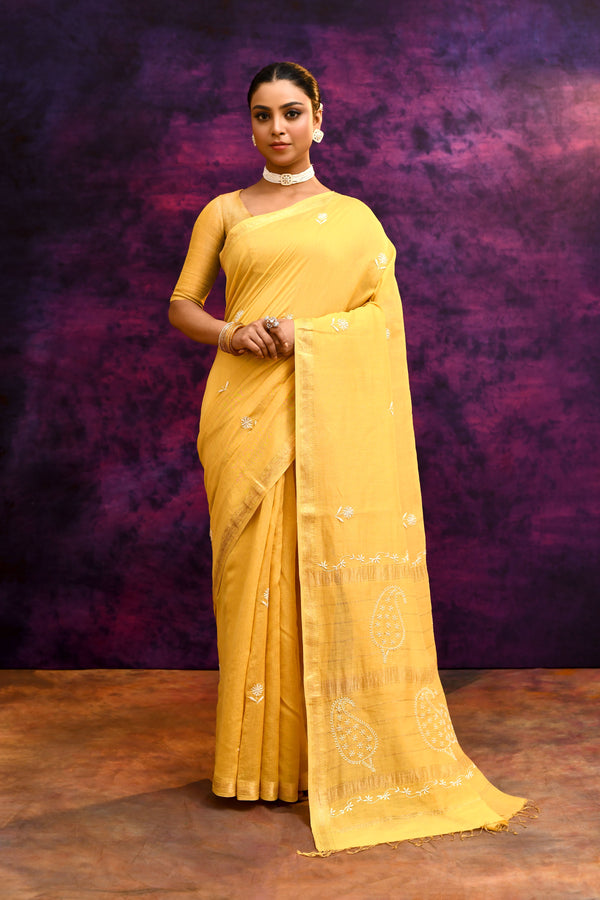 Pure handloom Maheshwari Cotton tissue blend Saree with Lucknowi Chikankari Embroidery – Mustard Yellow