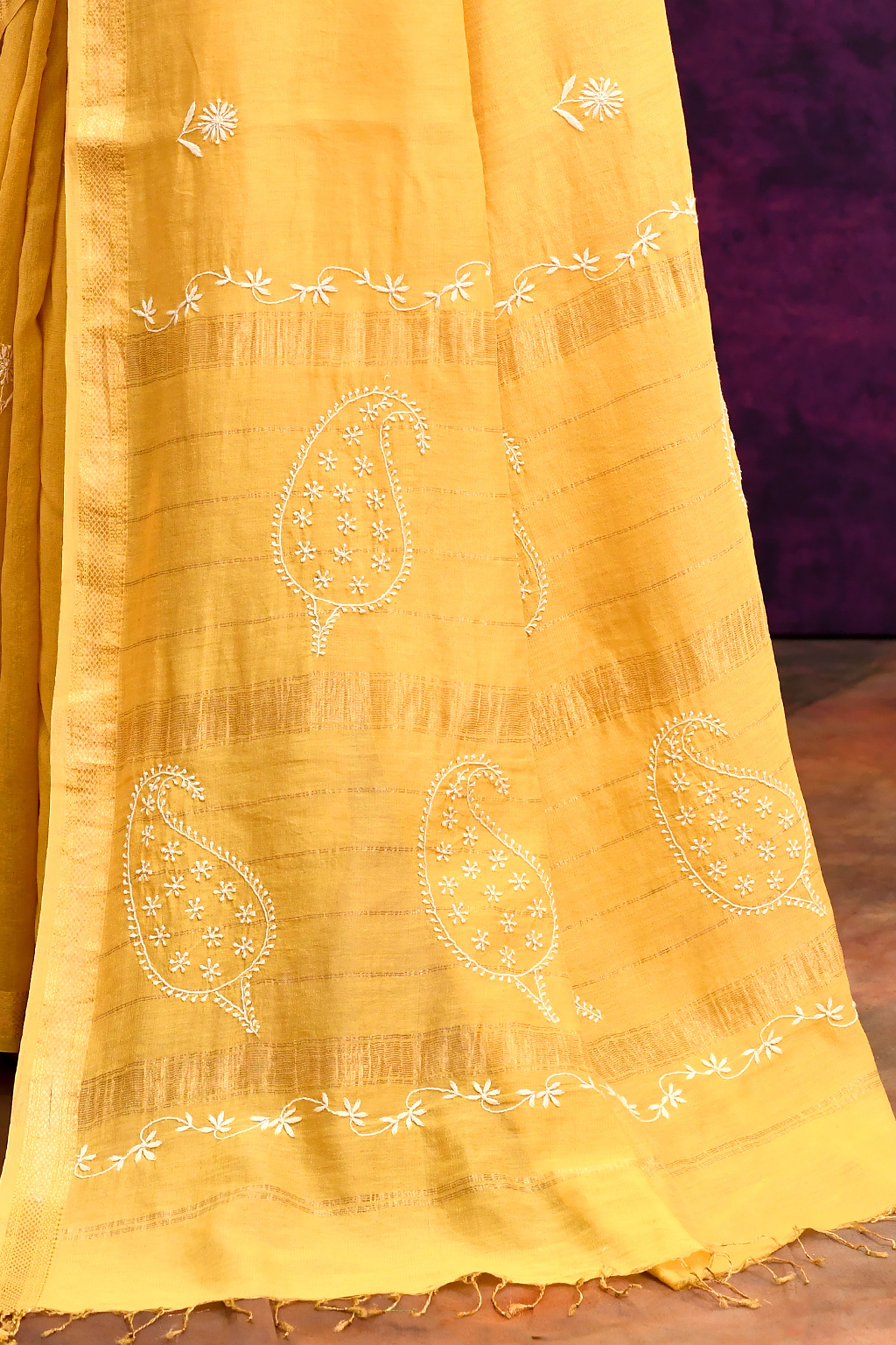 Pure Cotton Saree with Lucknowi Chikankari Embroidery – Mustard Yellow