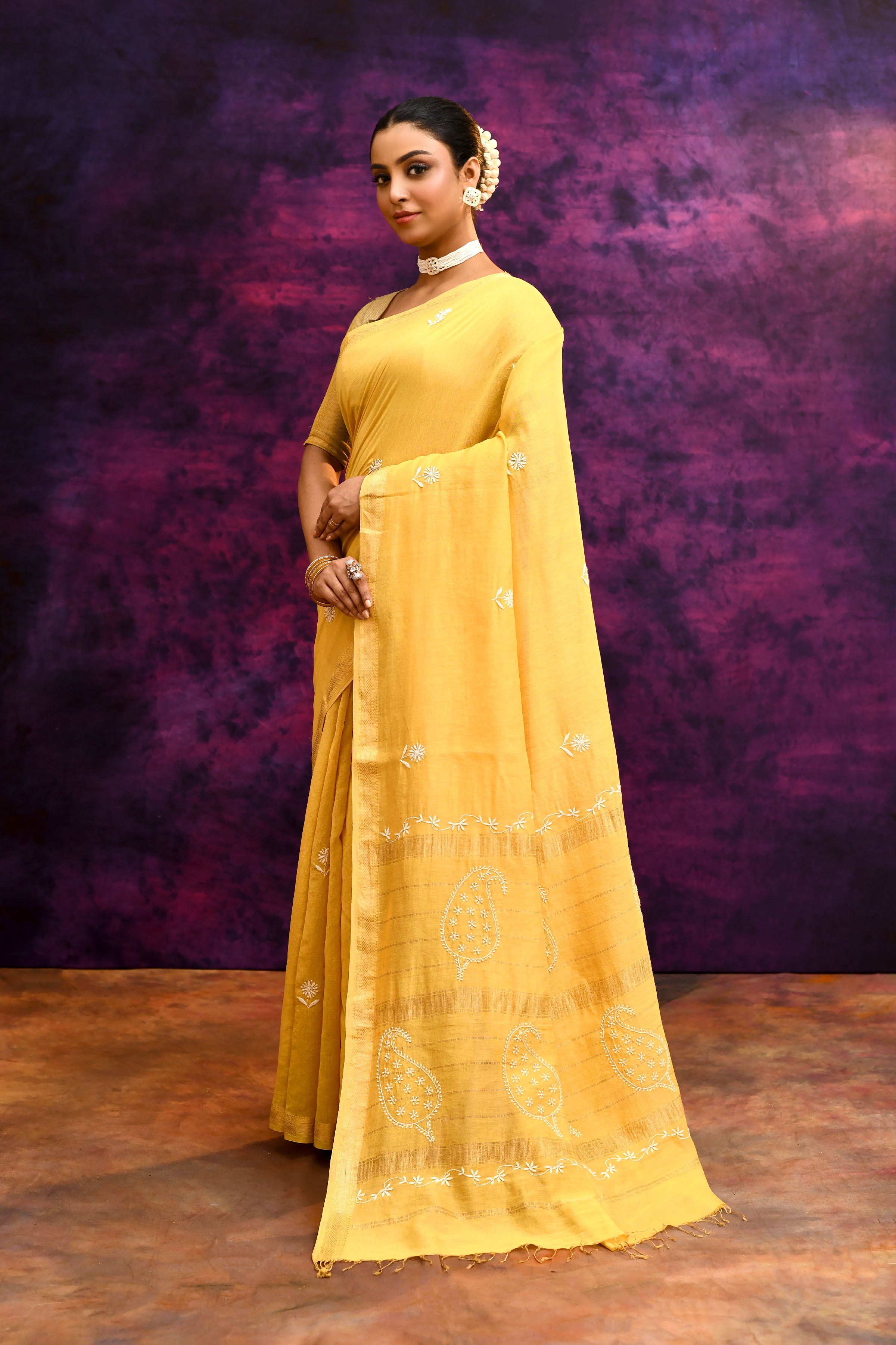 Pure Cotton Saree with Lucknowi Chikankari Embroidery – Mustard Yellow