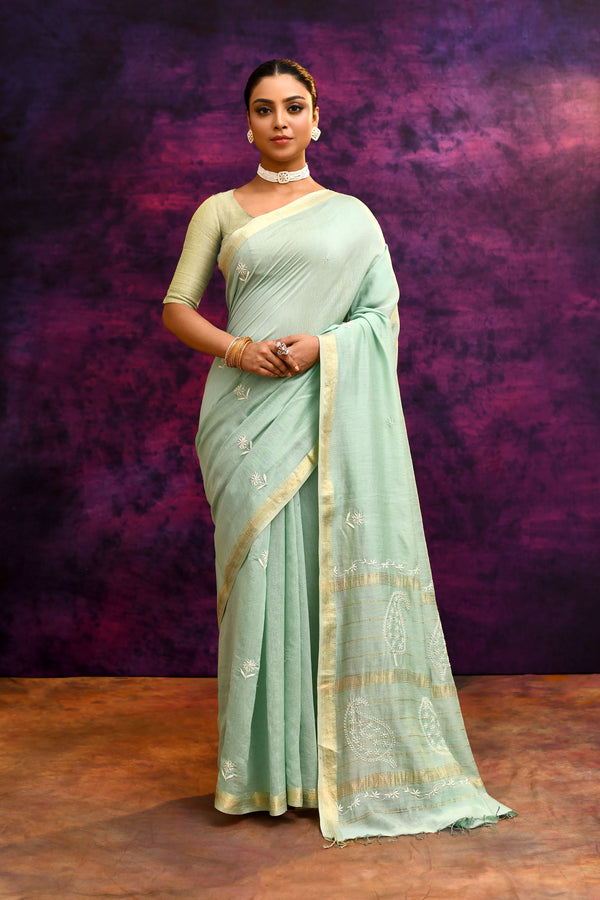 Pure handloom Maheshwari Cotton tissue blend Saree with Lucknowi Chikankari Embroidery – Mint Green