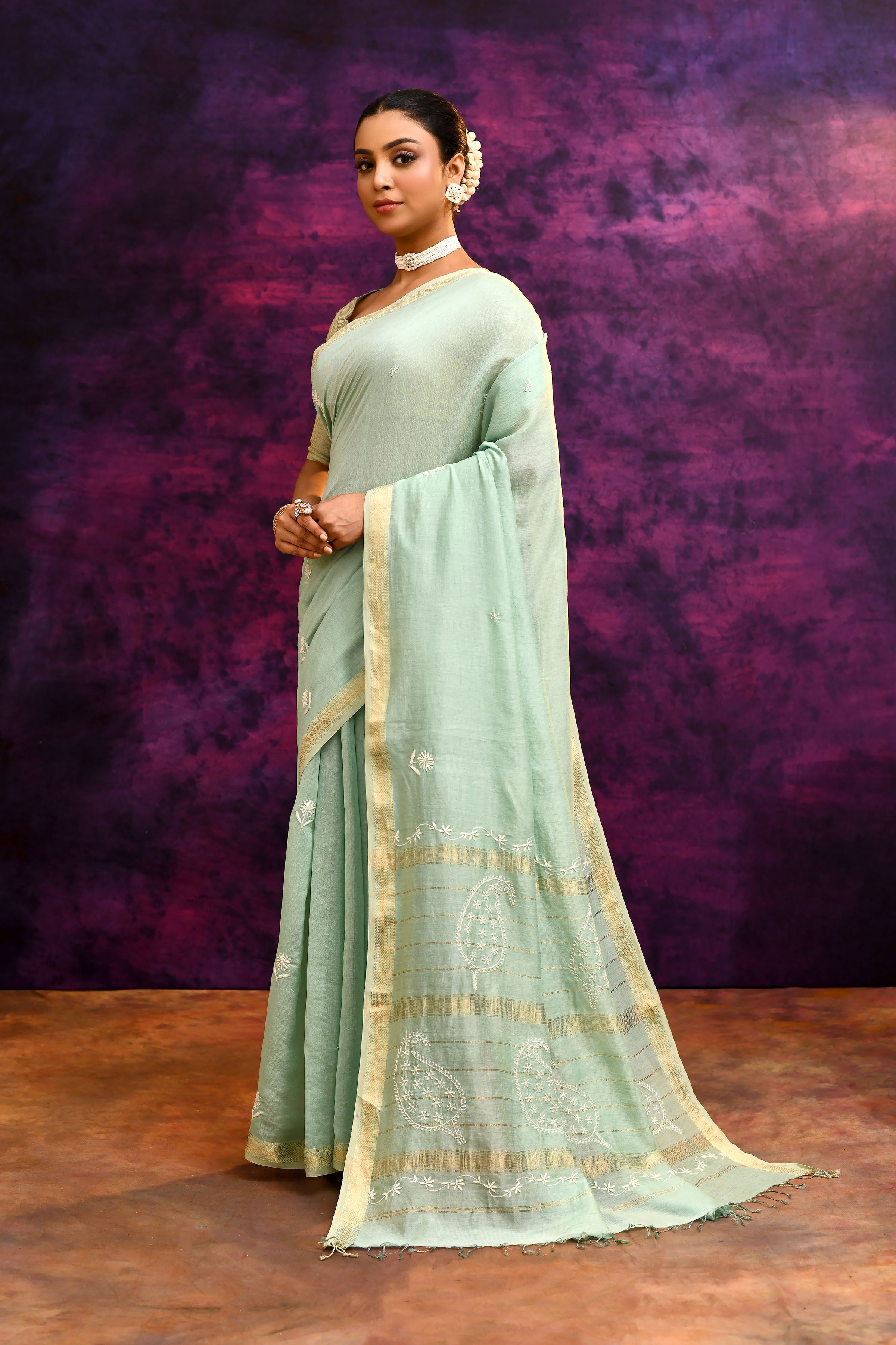 Pure Cotton Saree with Lucknowi Chikankari Embroidery – Mint Green