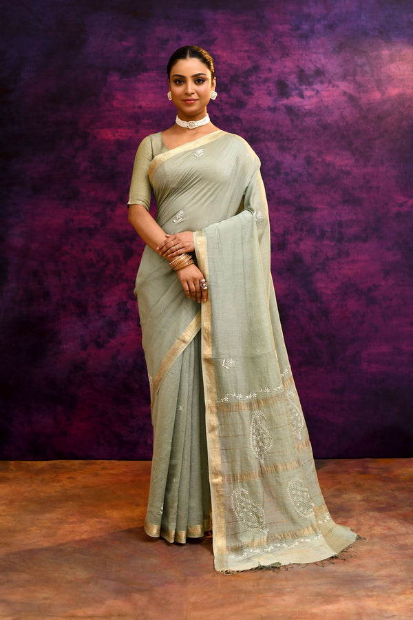 Pure handloom Maheshwari Cotton tissue blend Saree with Lucknowi Chikankari Embroidery – Sage Green
