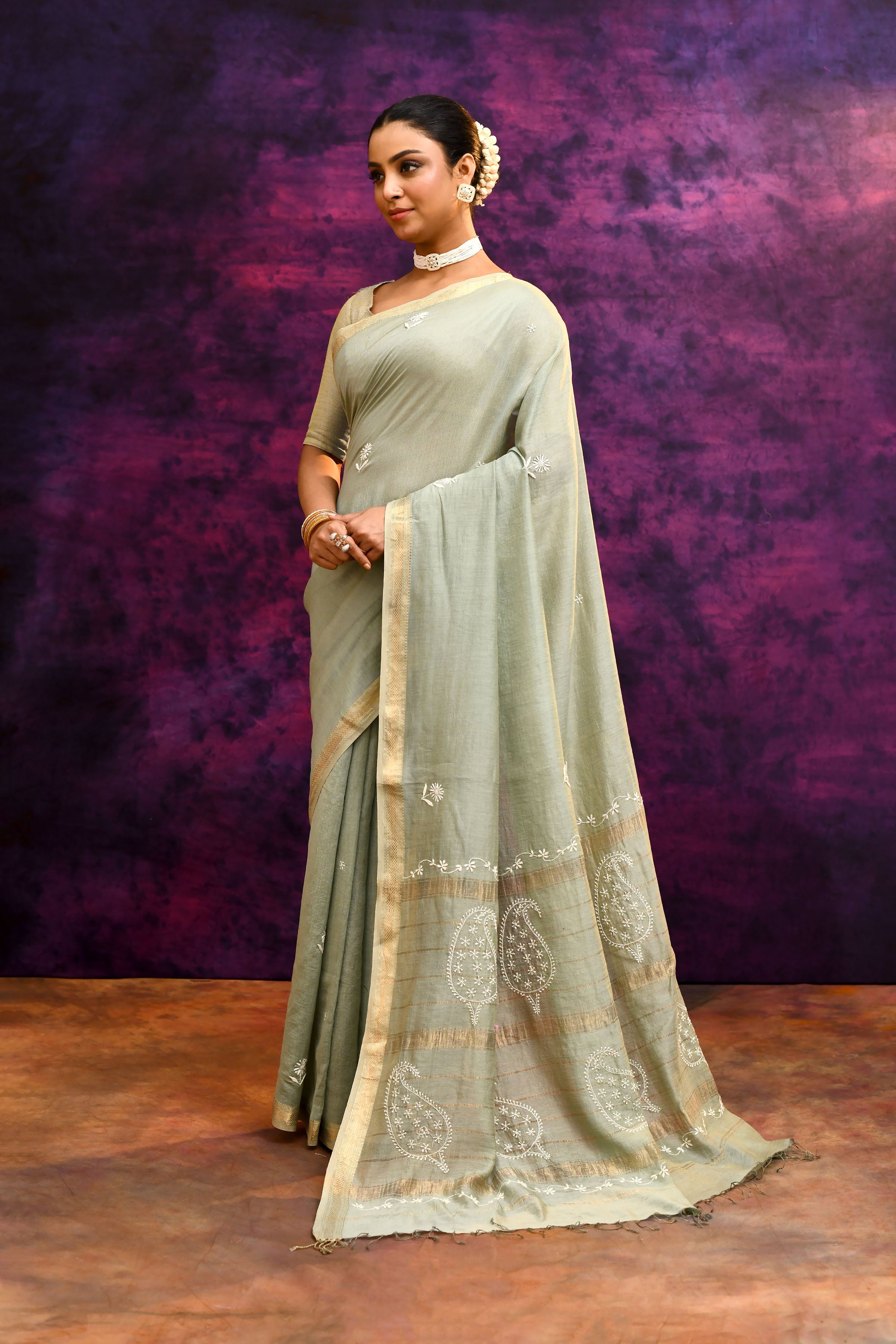 Pure Cotton Saree with Lucknowi Chikankari Embroidery – Sage Green