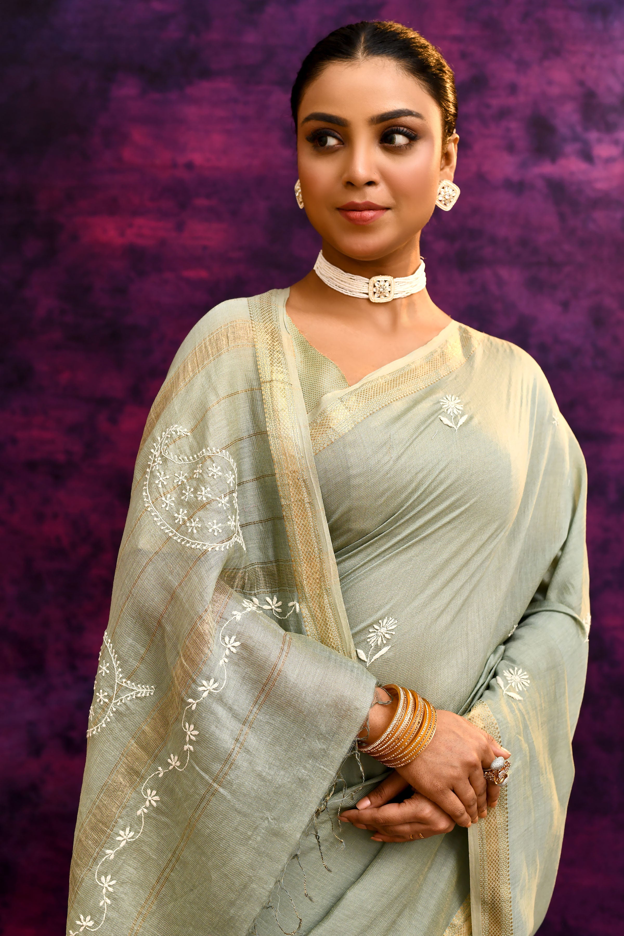 Pure Cotton Saree with Lucknowi Chikankari Embroidery – Sage Green