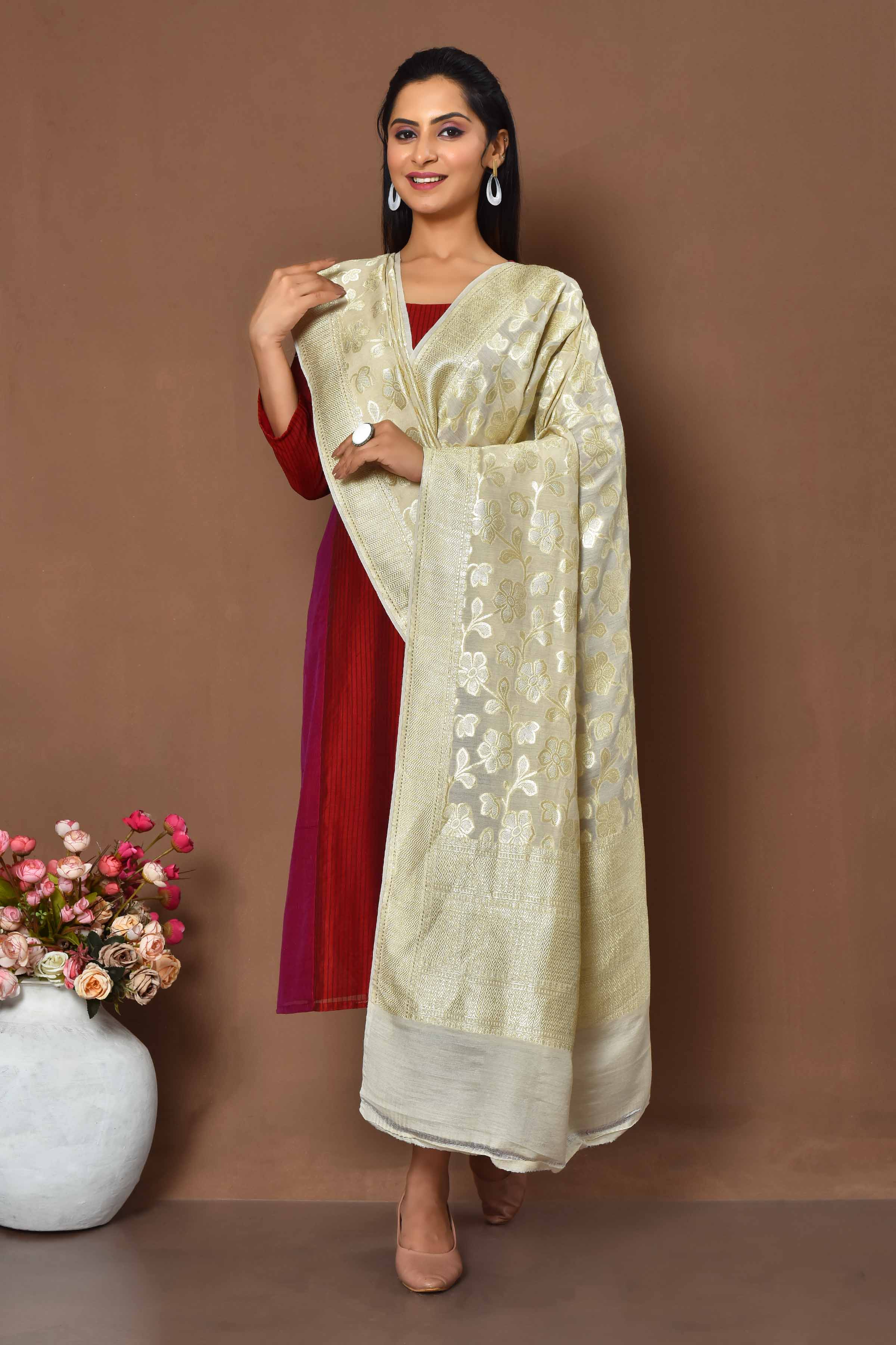 Golden pure munga silk handloom dupatta with banarasi weaving