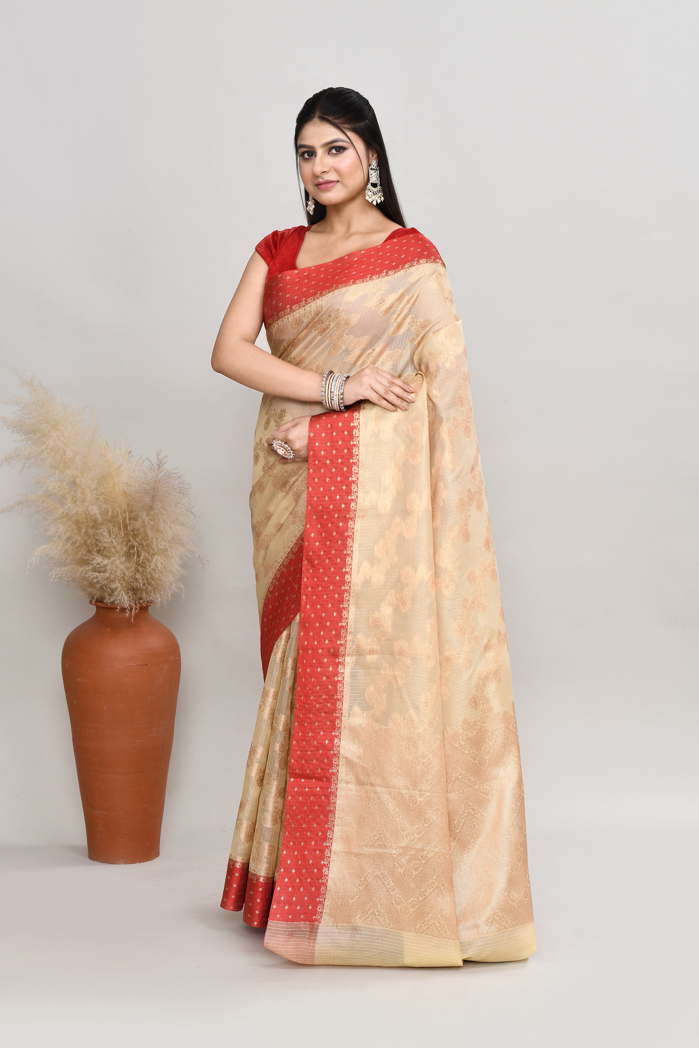 Kota silk saree with banarasi zari work-off white