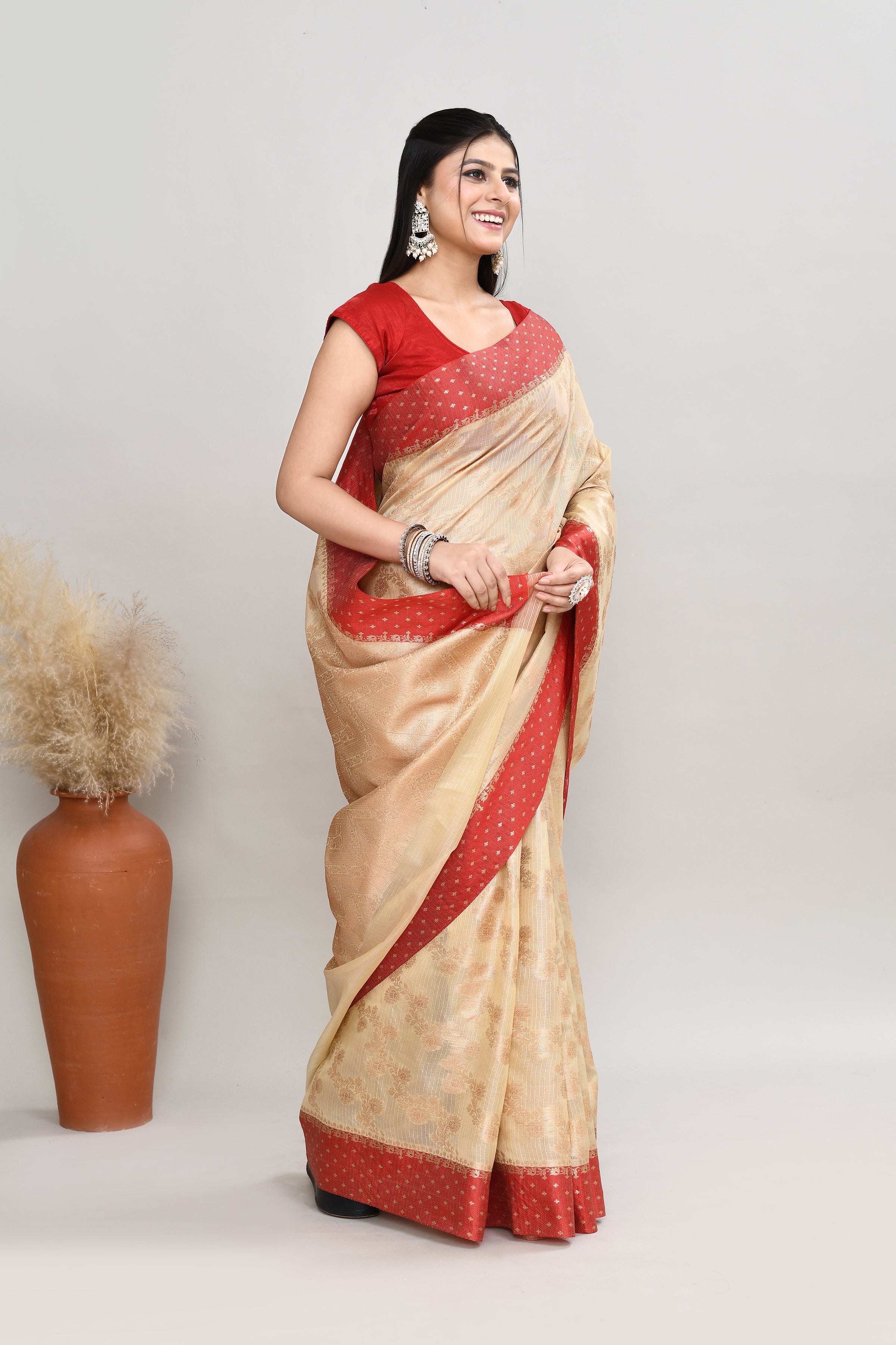 Kota silk saree with banarasi zari work-off white