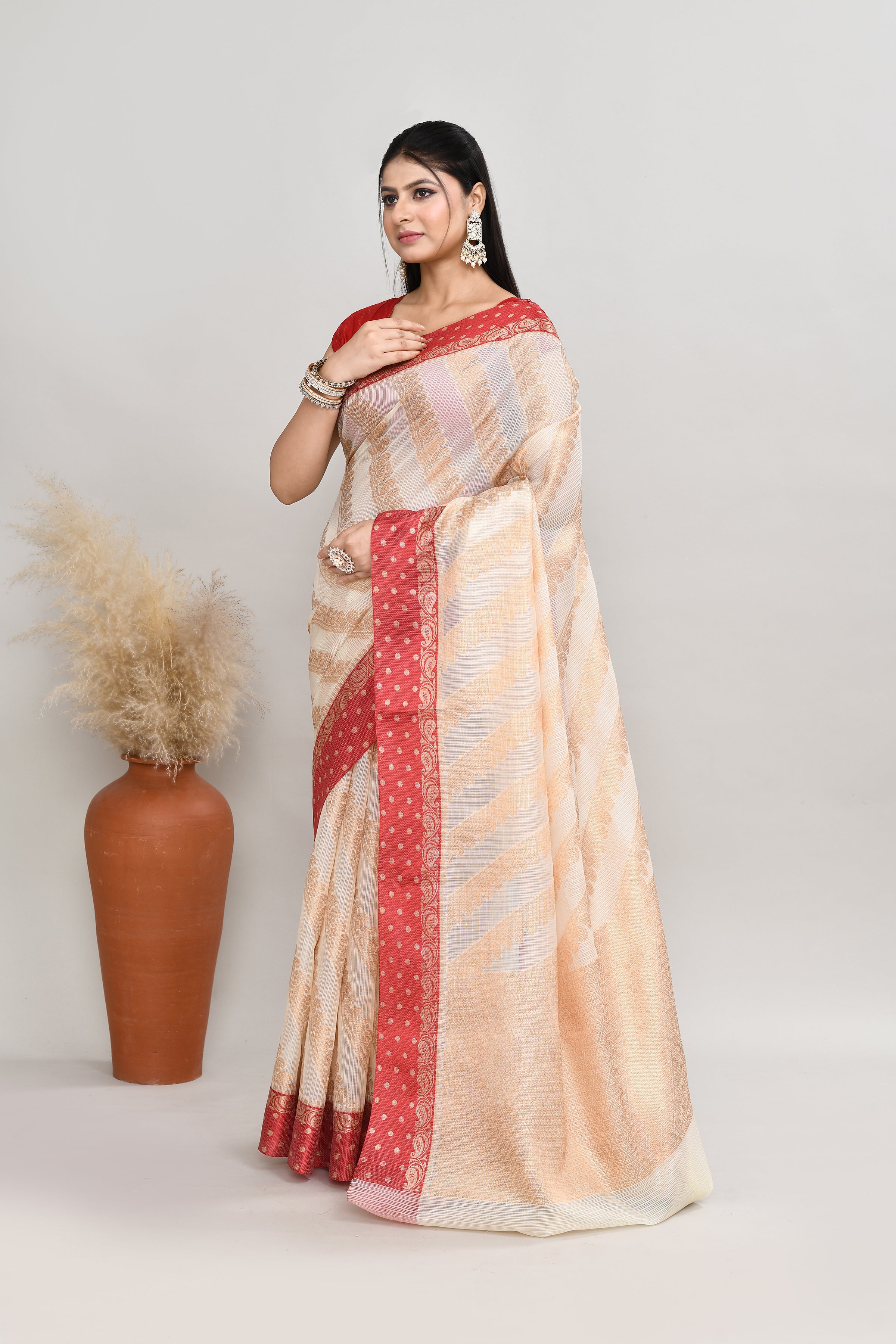 Kota silk saree in off white with banarasi zari work