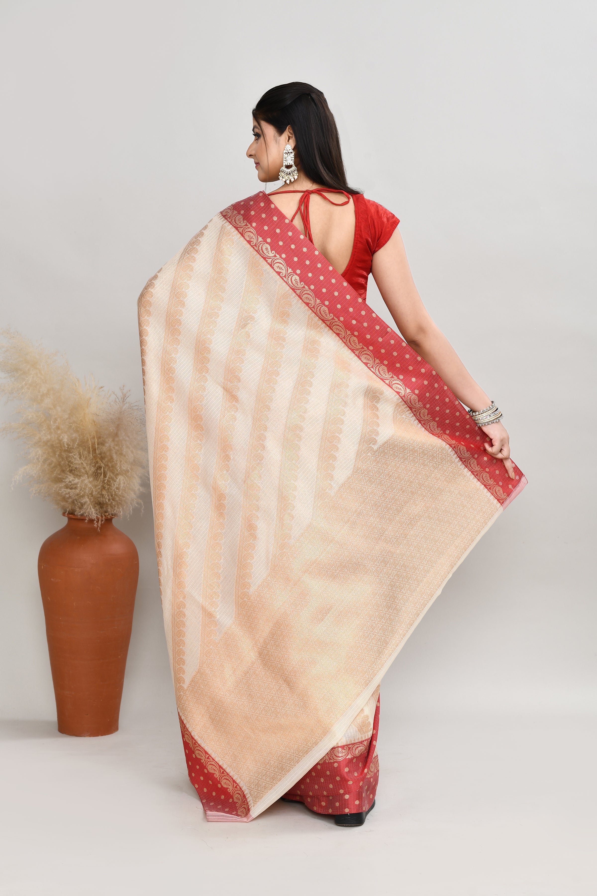 Kota silk saree in off white with banarasi zari work