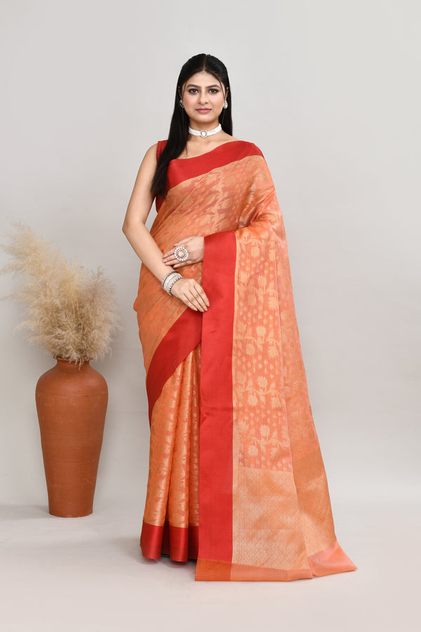 Kota silk saree with banarasi zari work-dark peach