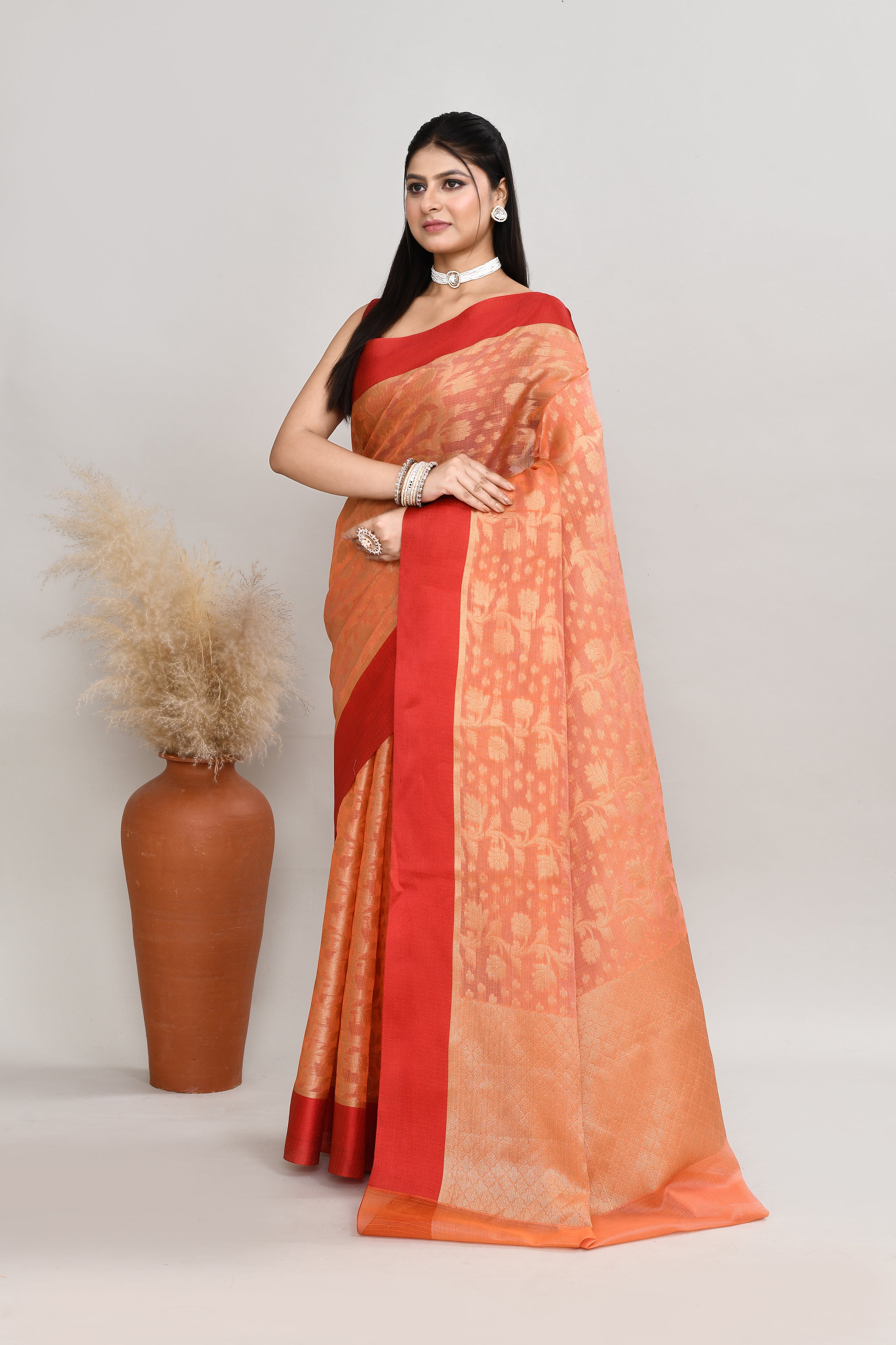 Kota silk saree with banarasi zari work-dark peach