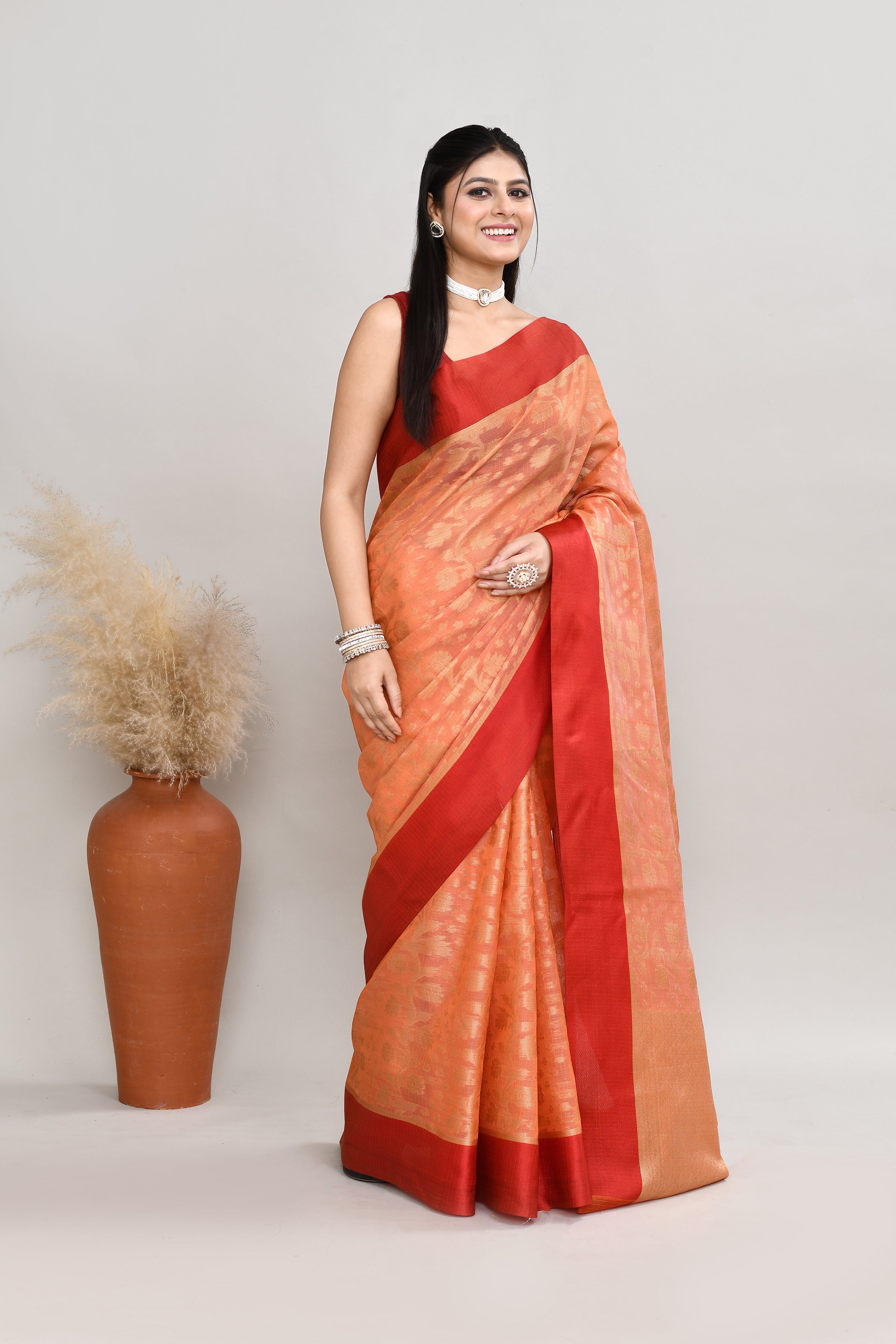 Kota silk saree with banarasi zari work-dark peach