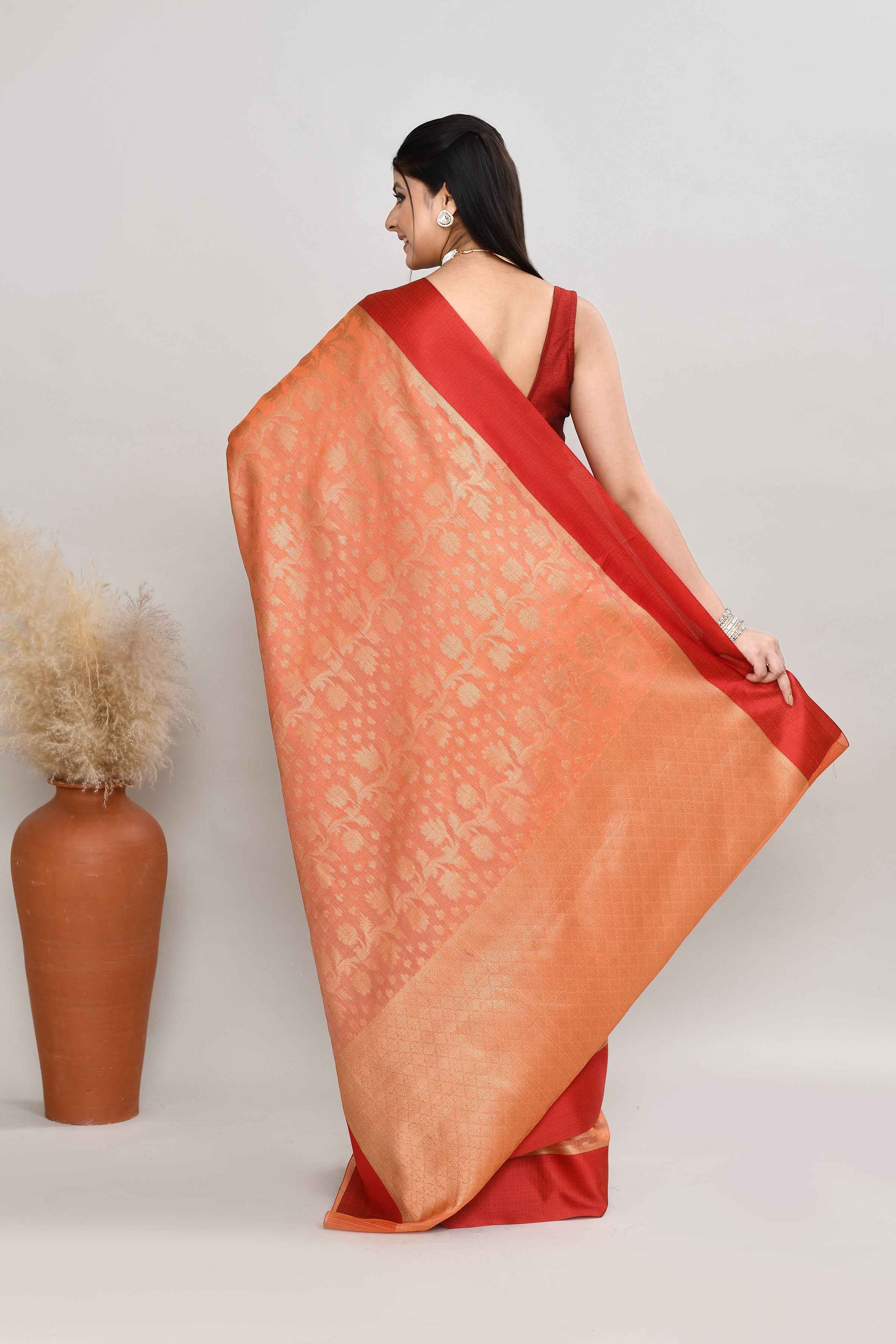 Kota silk saree with banarasi zari work-dark peach
