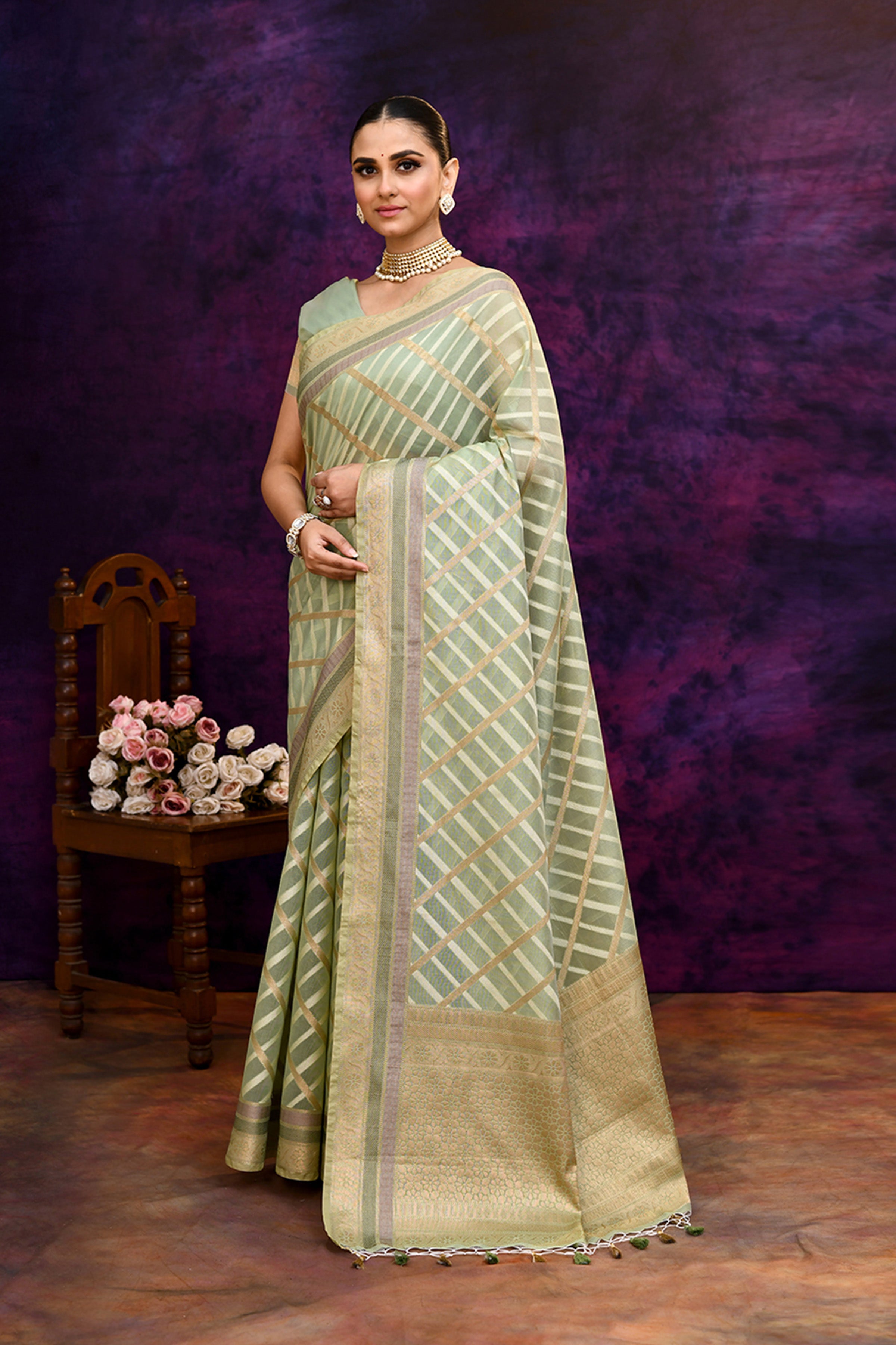 Cotton saree with golden zari banarasi border and motifs Checkered pattern-pista green