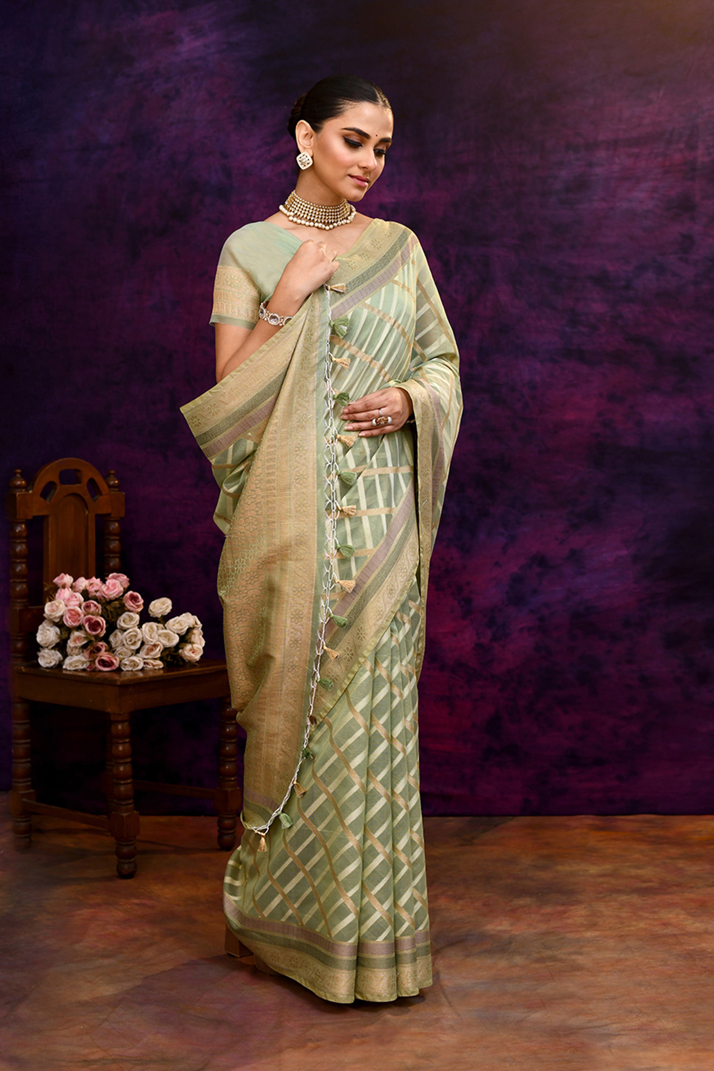 Cotton saree with golden zari banarasi border and motifs Checkered pattern-pista green