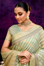 Cotton saree with golden zari banarasi border and motifs Checkered pattern-pista green