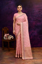 Cotton saree with golden zari banarasi border and motifs checkered pattern-baby pink