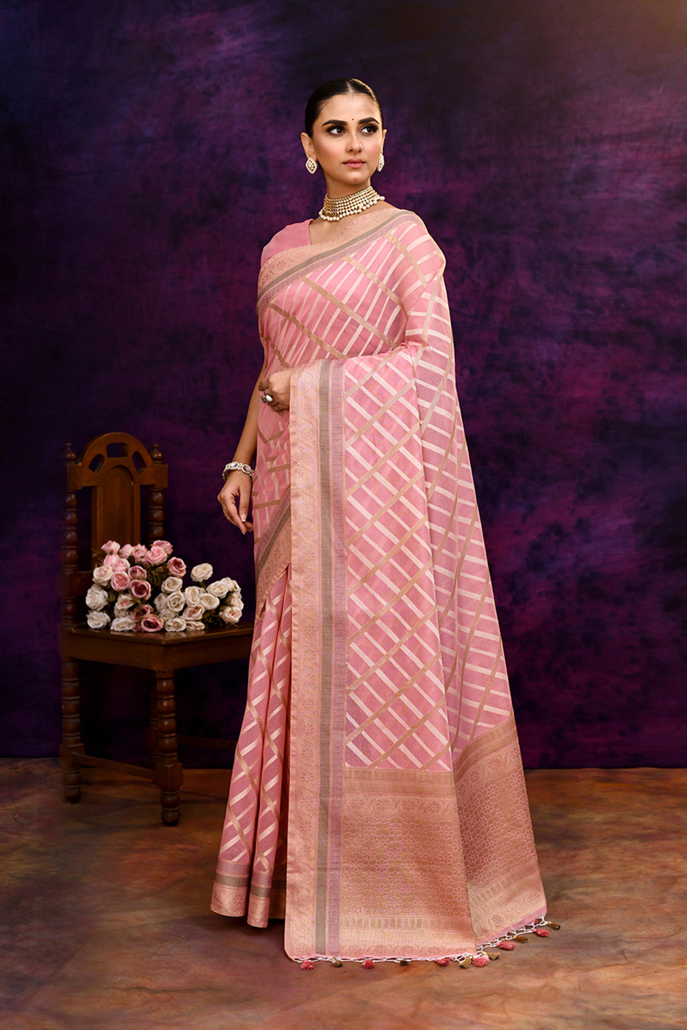 Cotton saree with golden zari banarasi border and motifs checkered pattern-baby pink