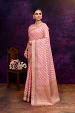 Cotton saree with golden zari banarasi border and motifs checkered pattern-baby pink