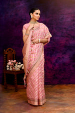 Cotton saree with golden zari banarasi border and motifs checkered pattern-baby pink