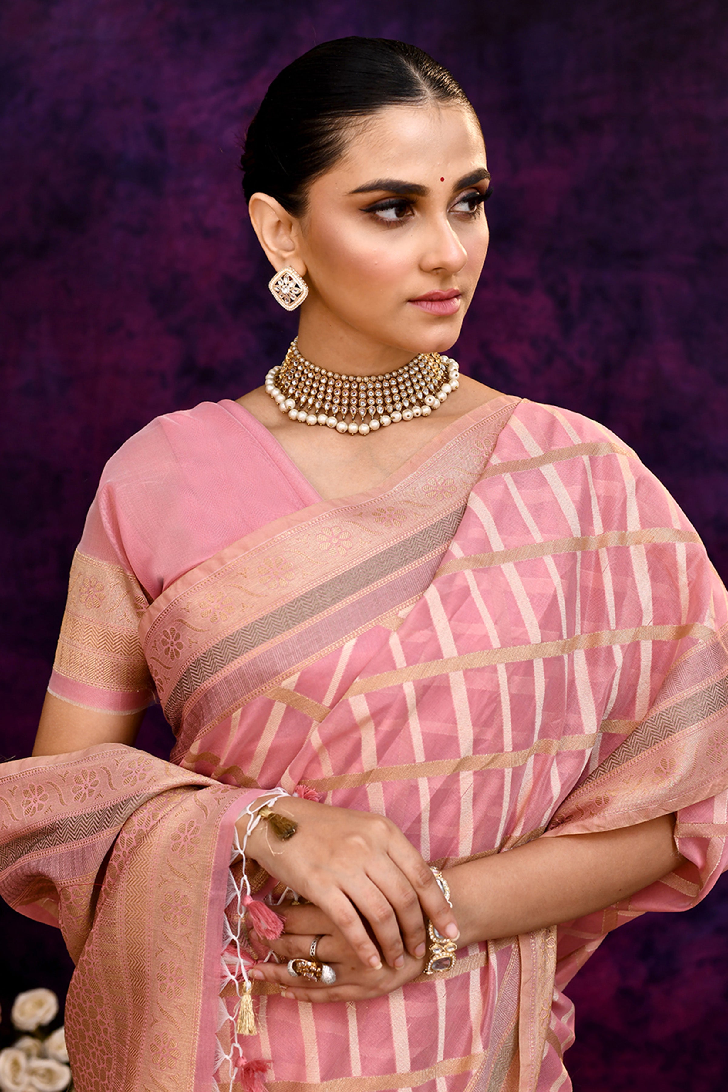 Cotton saree with golden zari banarasi border and motifs checkered pattern-baby pink