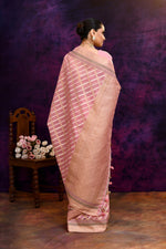 Cotton saree with golden zari banarasi border and motifs checkered pattern-baby pink