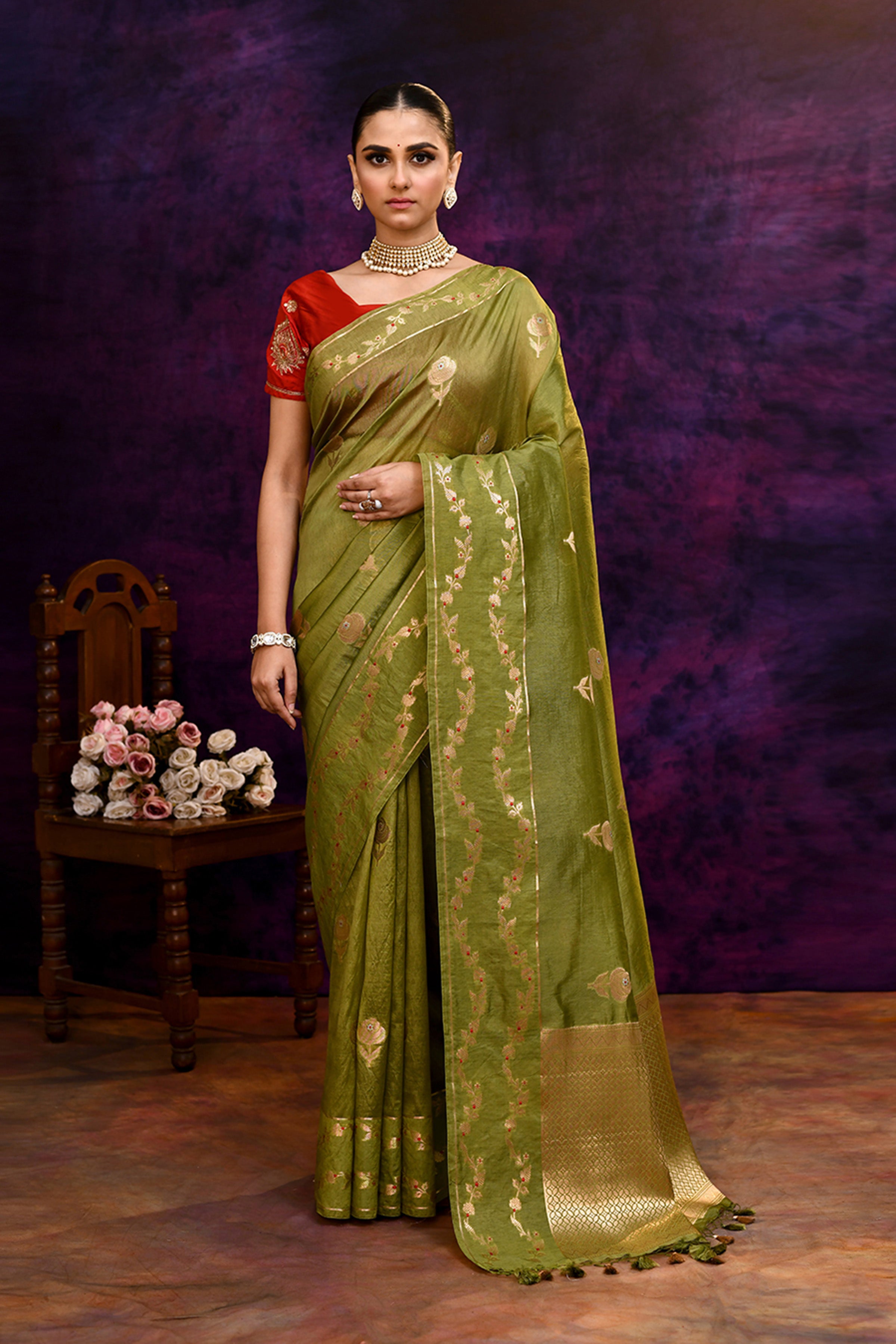 Pure Banarasi woven silk saree with zari & minakari leaf motifs & hand embroidered blouse-Olive green