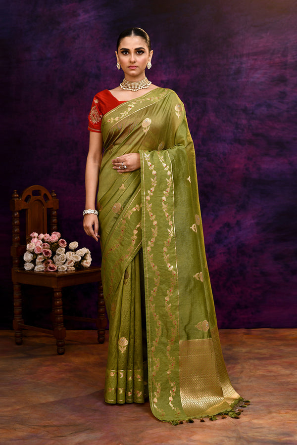 Pure Banarasi woven silk saree with zari & minakari leaf motifs & hand embroidered blouse-Olive green