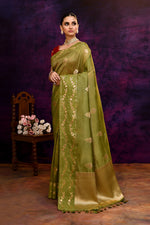 Pure Banarasi woven silk saree with zari & minakari leaf motifs & hand embroidered blouse-Olive green