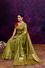 Pure Banarasi woven silk saree with zari & minakari leaf motifs & hand embroidered blouse-Olive green