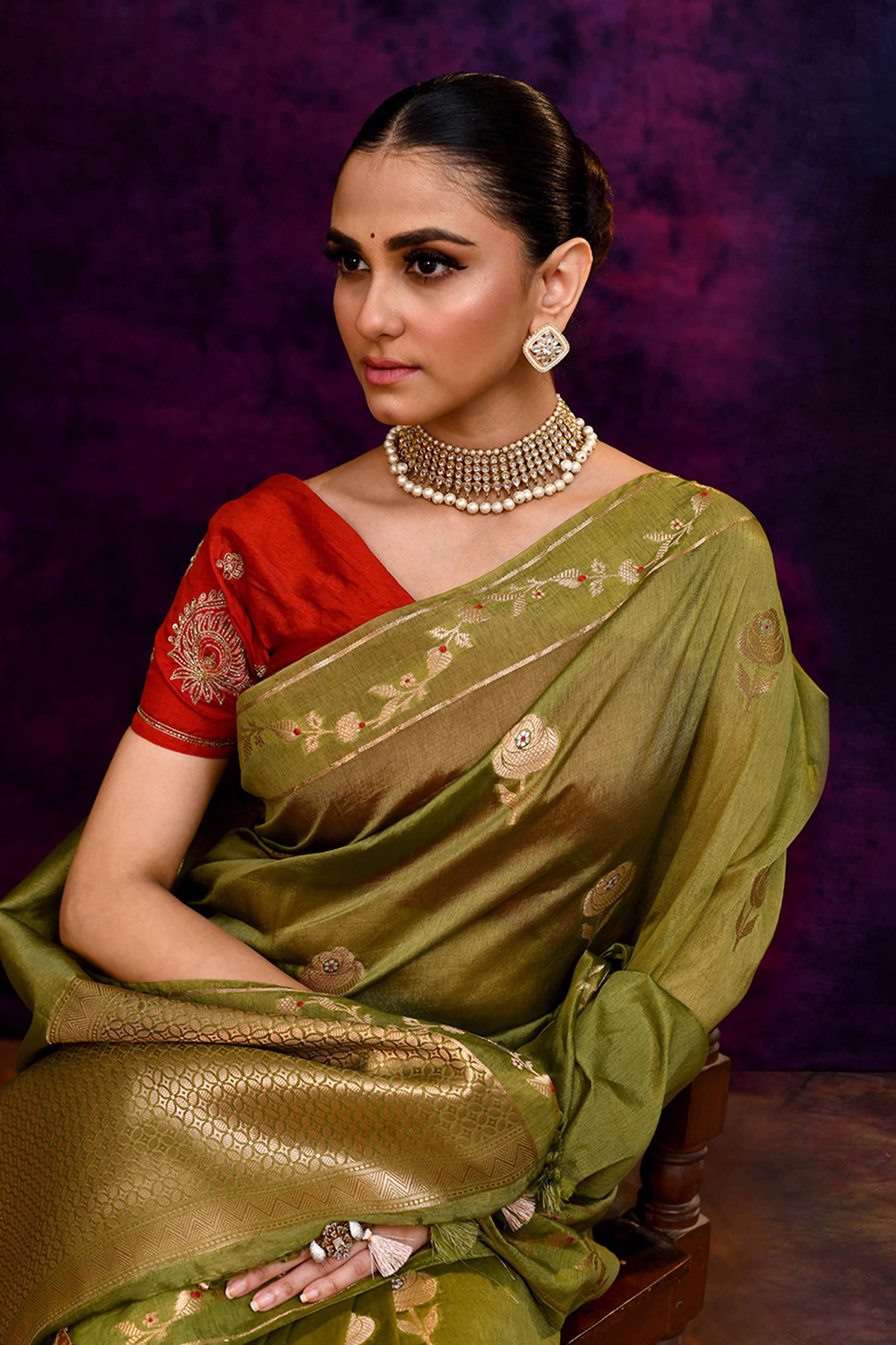 Pure Banarasi woven silk saree with zari & minakari leaf motifs & hand embroidered blouse-Olive green
