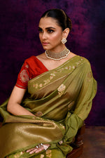 Pure Banarasi woven silk saree with zari & minakari leaf motifs & hand embroidered blouse-Olive green