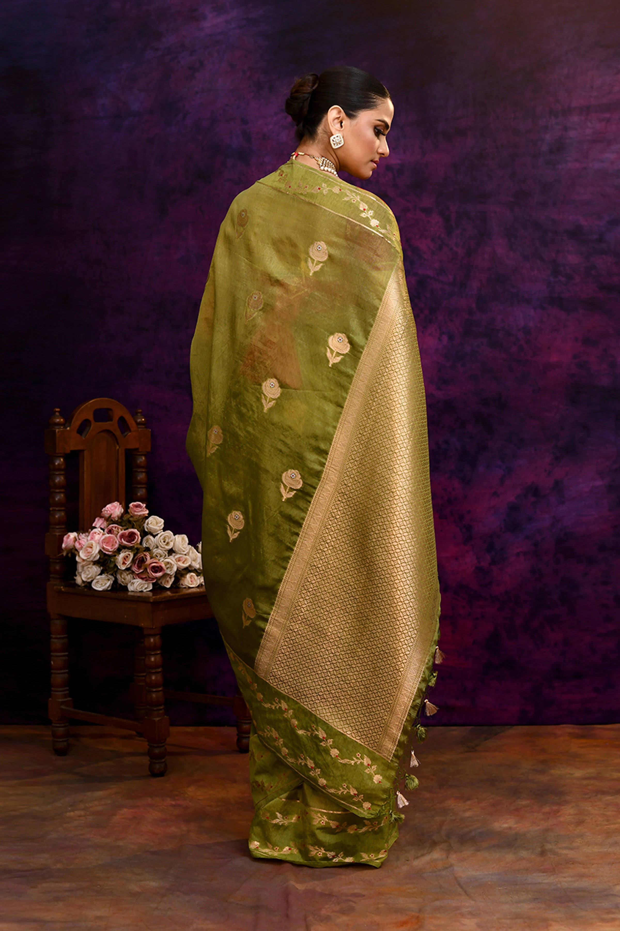 Pure Banarasi woven silk saree with zari & minakari leaf motifs & hand embroidered blouse-Olive green