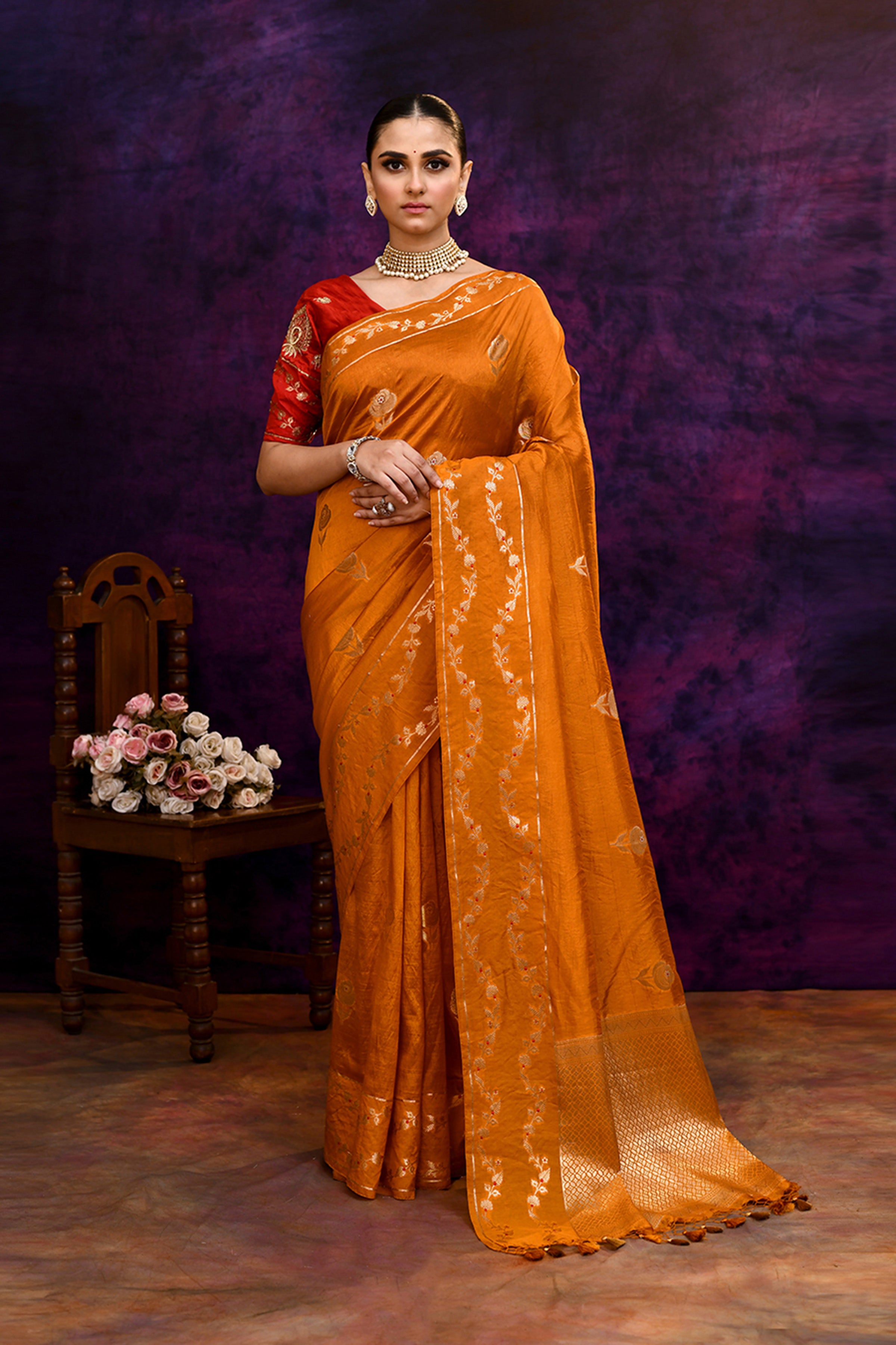 Pure Banarasi woven silk saree with zari & minakari leaf motifs & hand embroidered blouse-Mango yellow