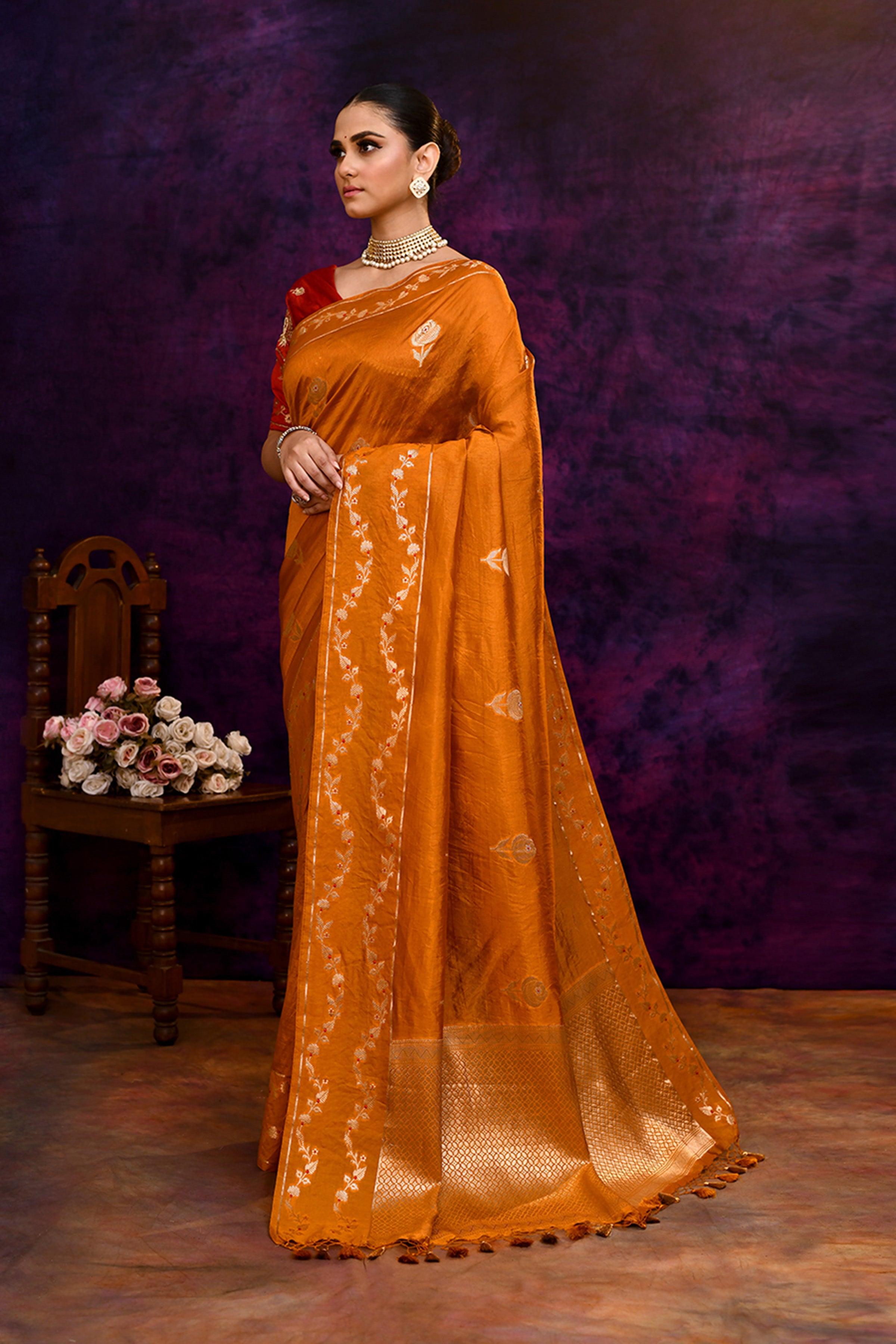Pure Banarasi woven silk saree with zari & minakari leaf motifs & hand embroidered blouse-Mango yellow
