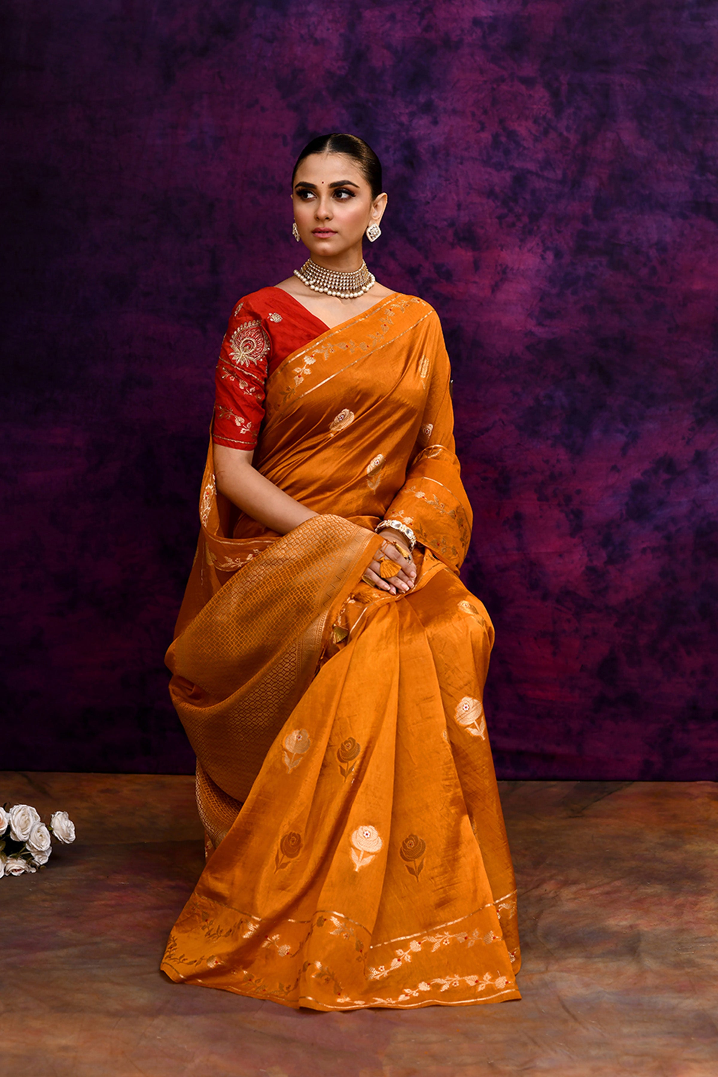 Pure Banarasi woven silk saree with zari & minakari leaf motifs & hand embroidered blouse-Mango yellow