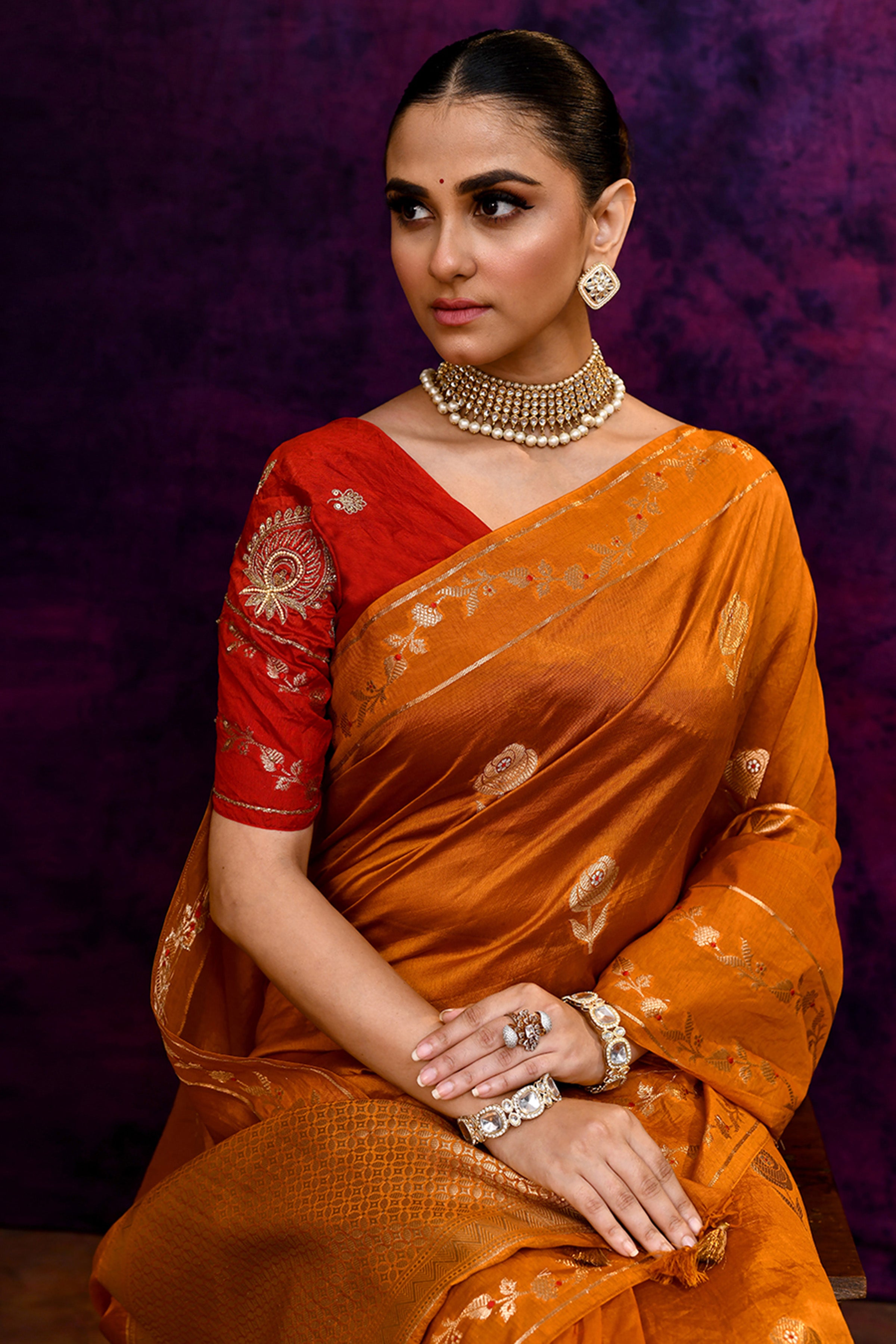 Pure Banarasi woven silk saree with zari & minakari leaf motifs & hand embroidered blouse-Mango yellow