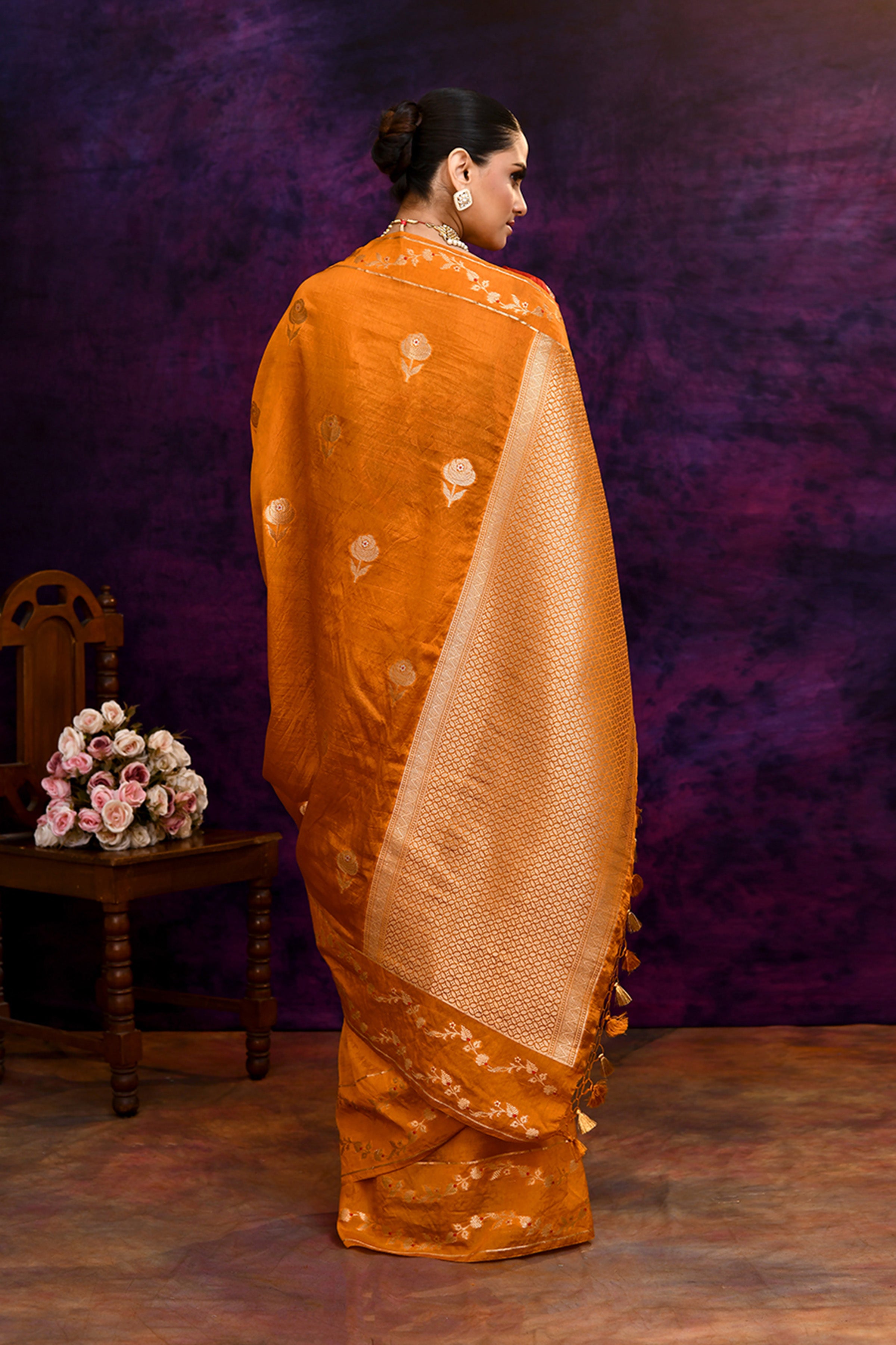 Pure Banarasi woven silk saree with zari & minakari leaf motifs & hand embroidered blouse-Mango yellow