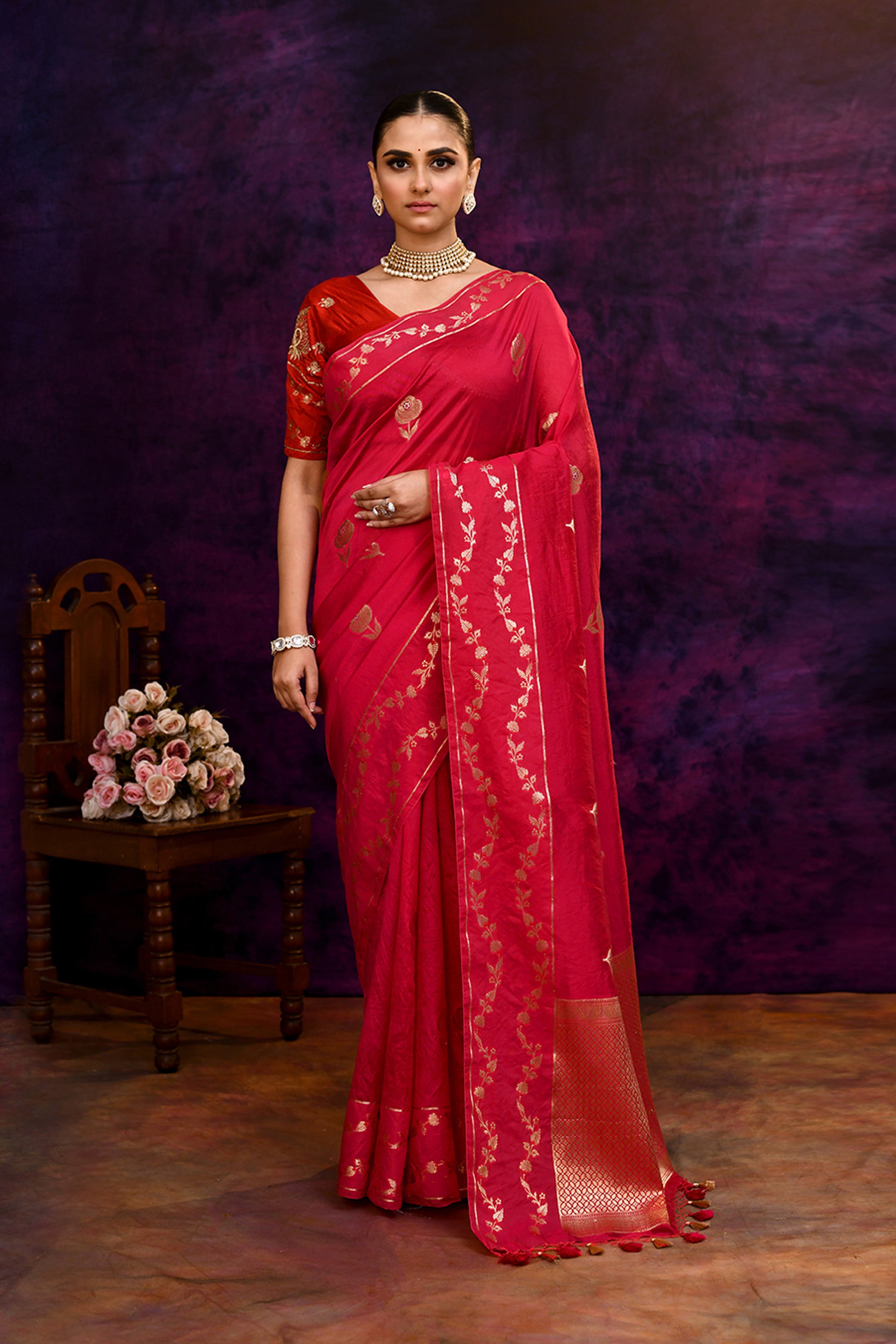 Pure Banarasi woven silk saree with zari & minakari leaf motifs & hand embroidered blouse-Fuschia pink
