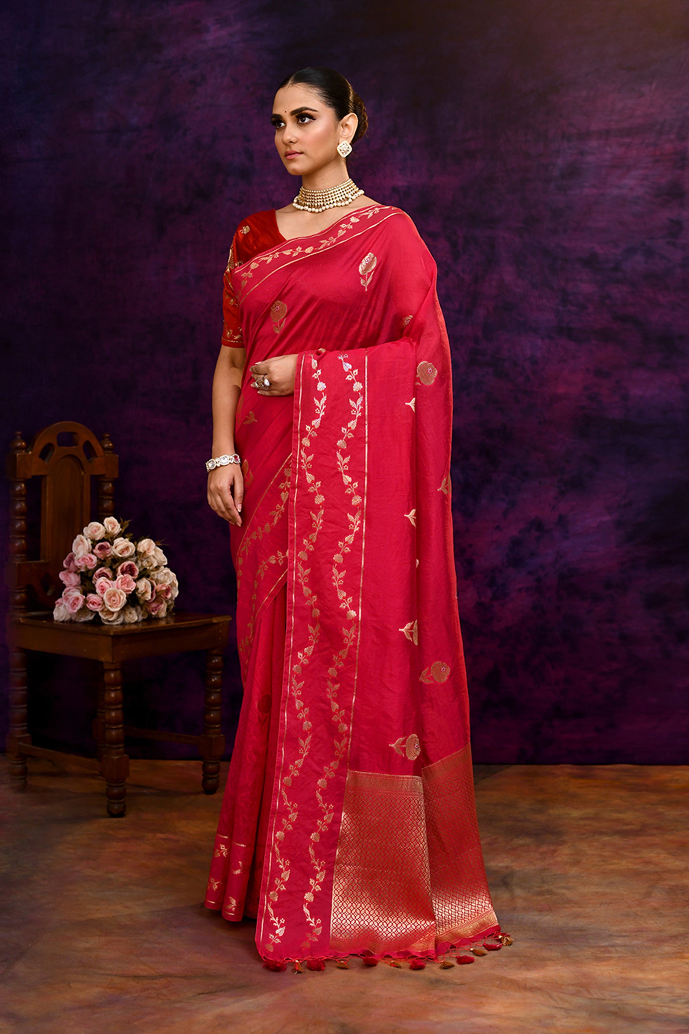 Pure Banarasi woven silk saree with zari & minakari leaf motifs & hand embroidered blouse-Fuschia pink