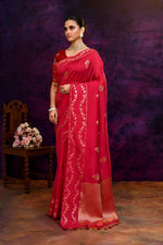 Pure Banarasi woven silk saree with zari & minakari leaf motifs & hand embroidered blouse-Fuschia pink