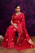Pure Banarasi woven silk saree with zari & minakari leaf motifs & hand embroidered blouse-Fuschia pink