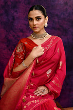 Pure Banarasi woven silk saree with zari & minakari leaf motifs & hand embroidered blouse-Fuschia pink