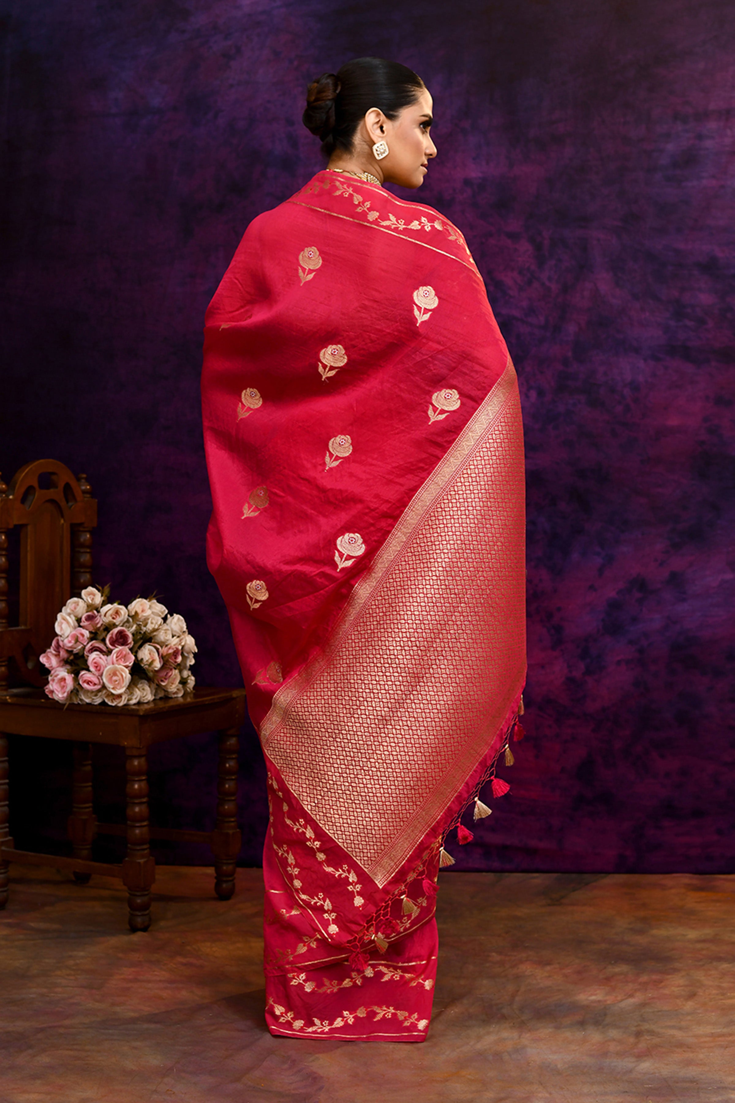 Pure Banarasi woven silk saree with zari & minakari leaf motifs & hand embroidered blouse-Fuschia pink