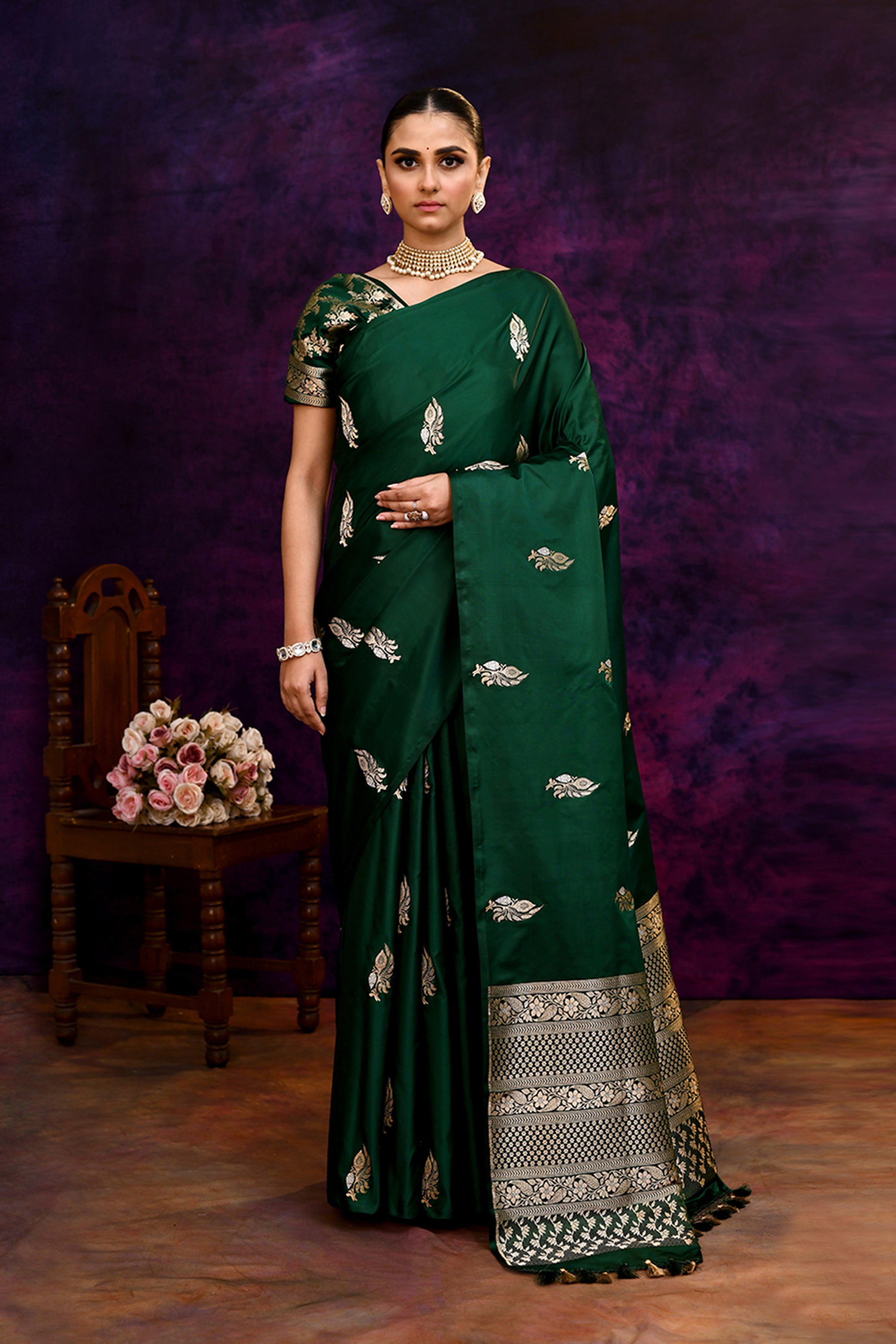 Pure Katan Silk Saree with Zari Buti Motifs – Emerald Green