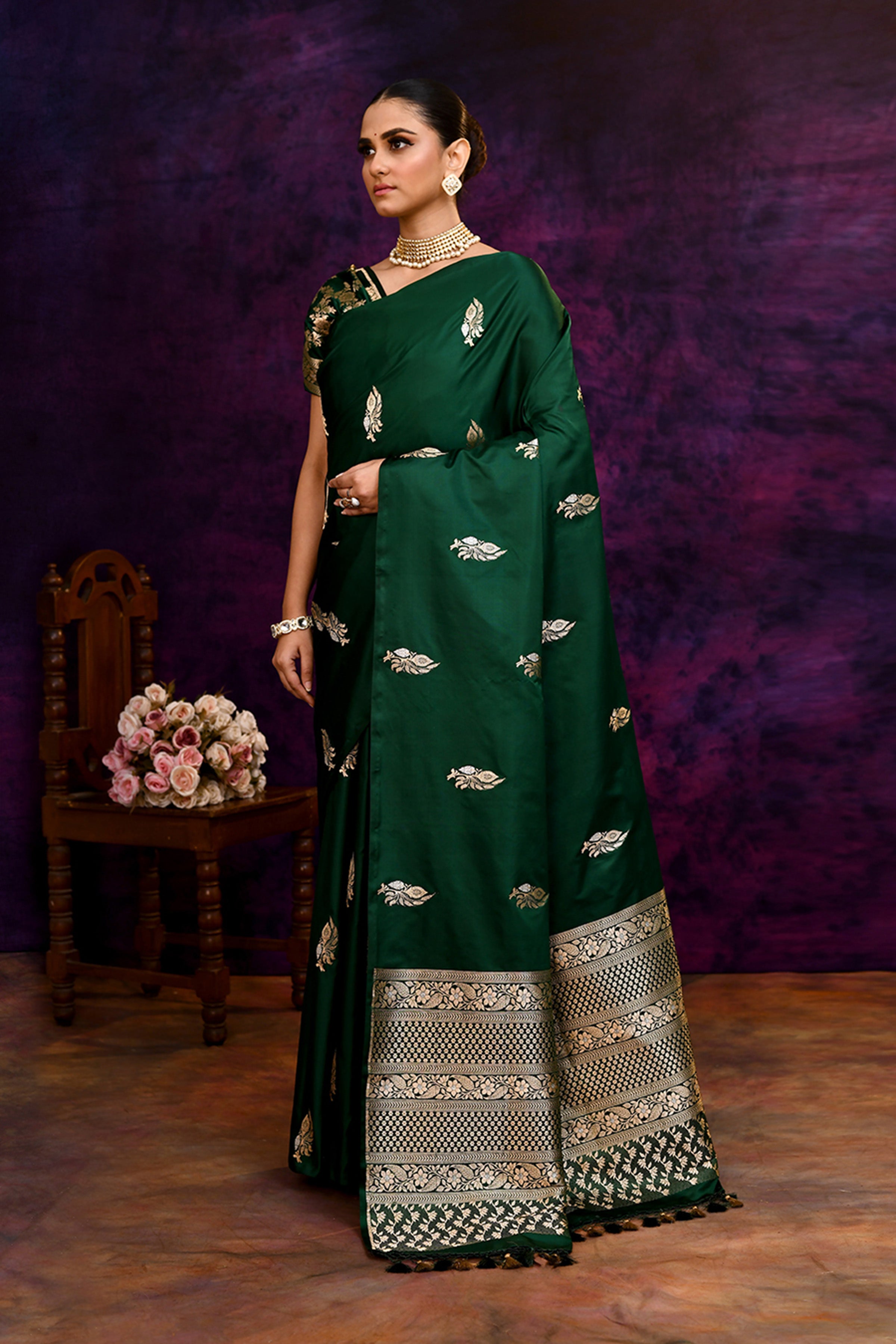 Pure Katan Silk Saree with Zari Buti Motifs – Emerald Green