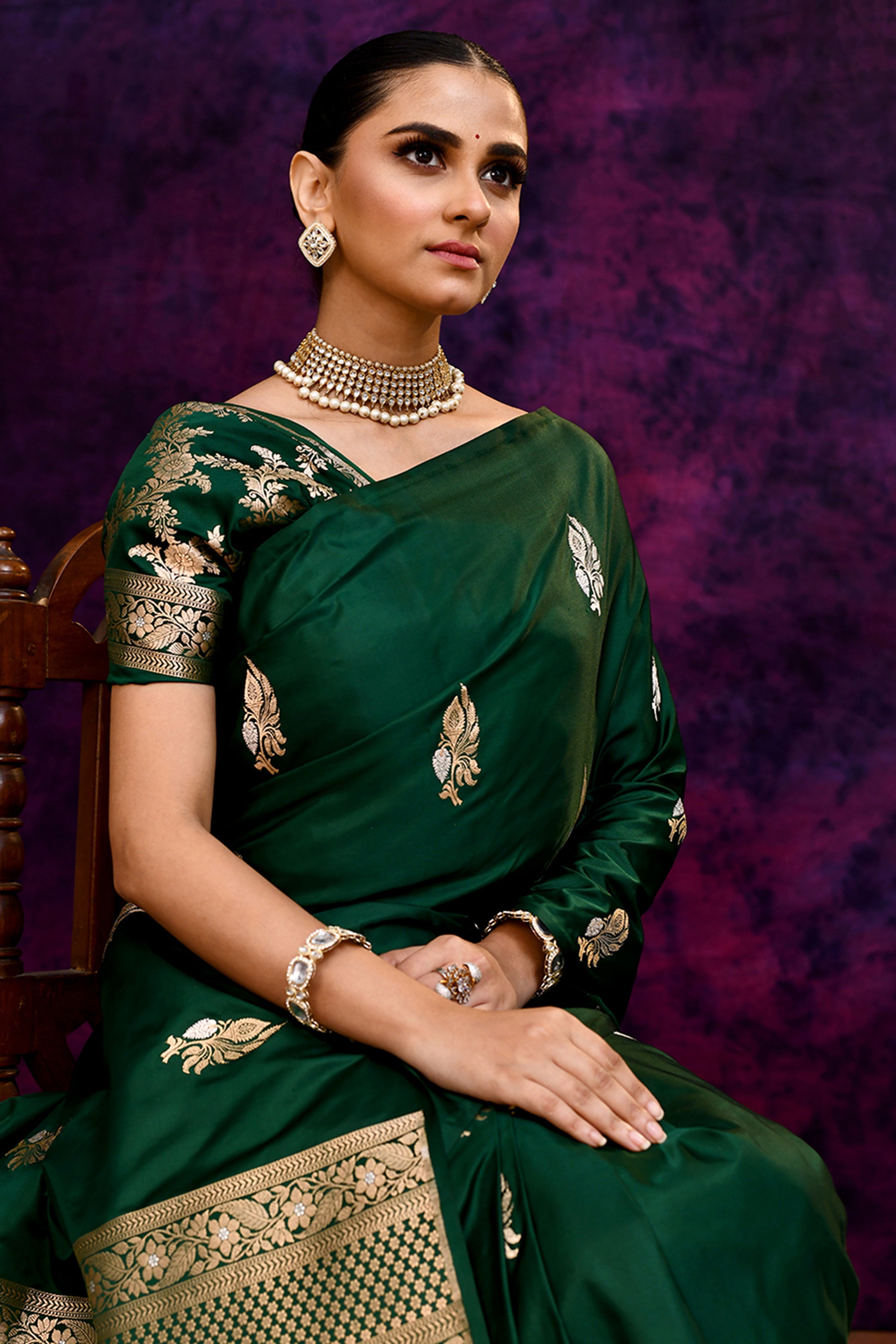 Pure Katan Silk Saree with Zari Buti Motifs – Emerald Green