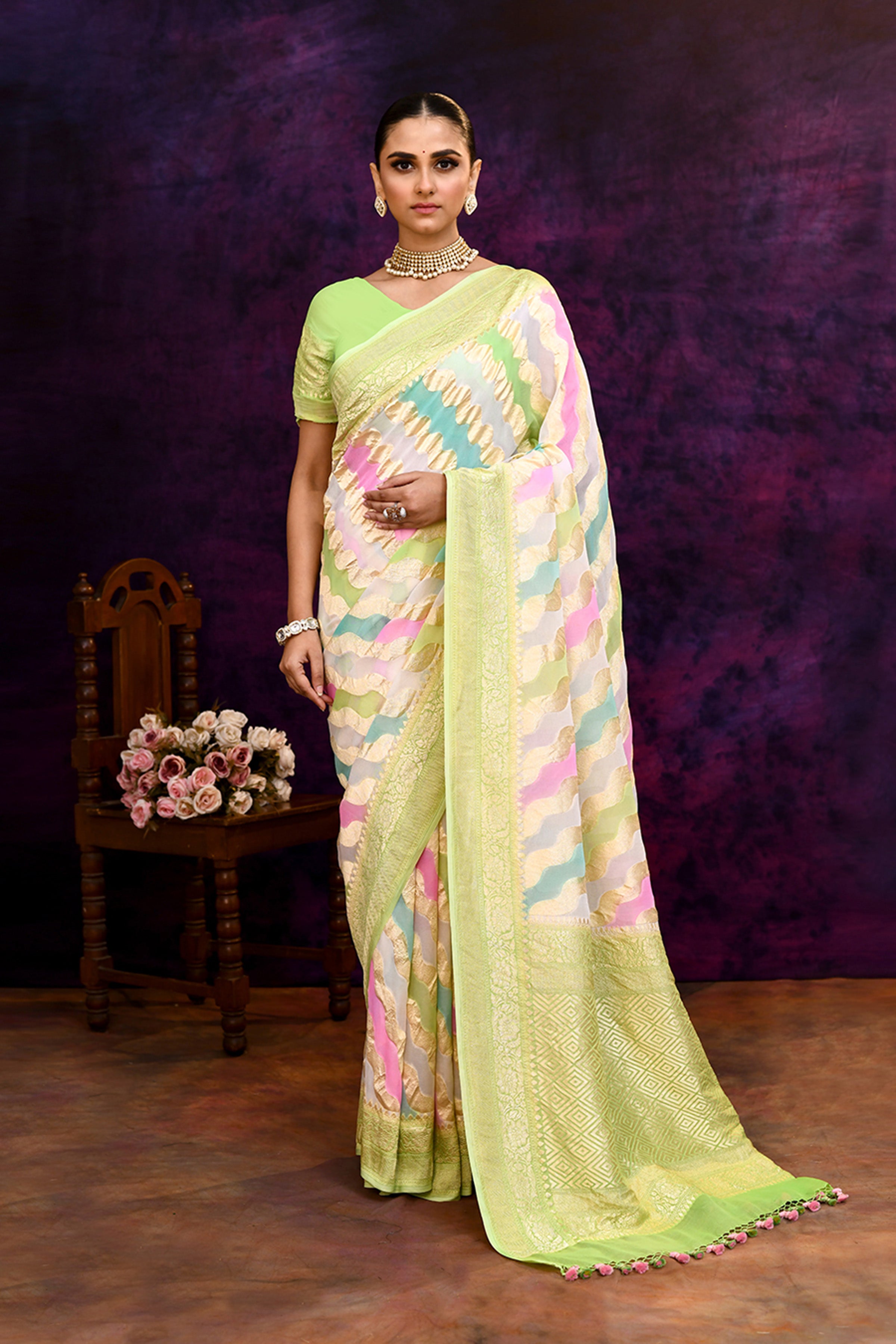 Pure handloom rangkaat khaddi georgette banarasi saree with multi color leheriya zari weaving